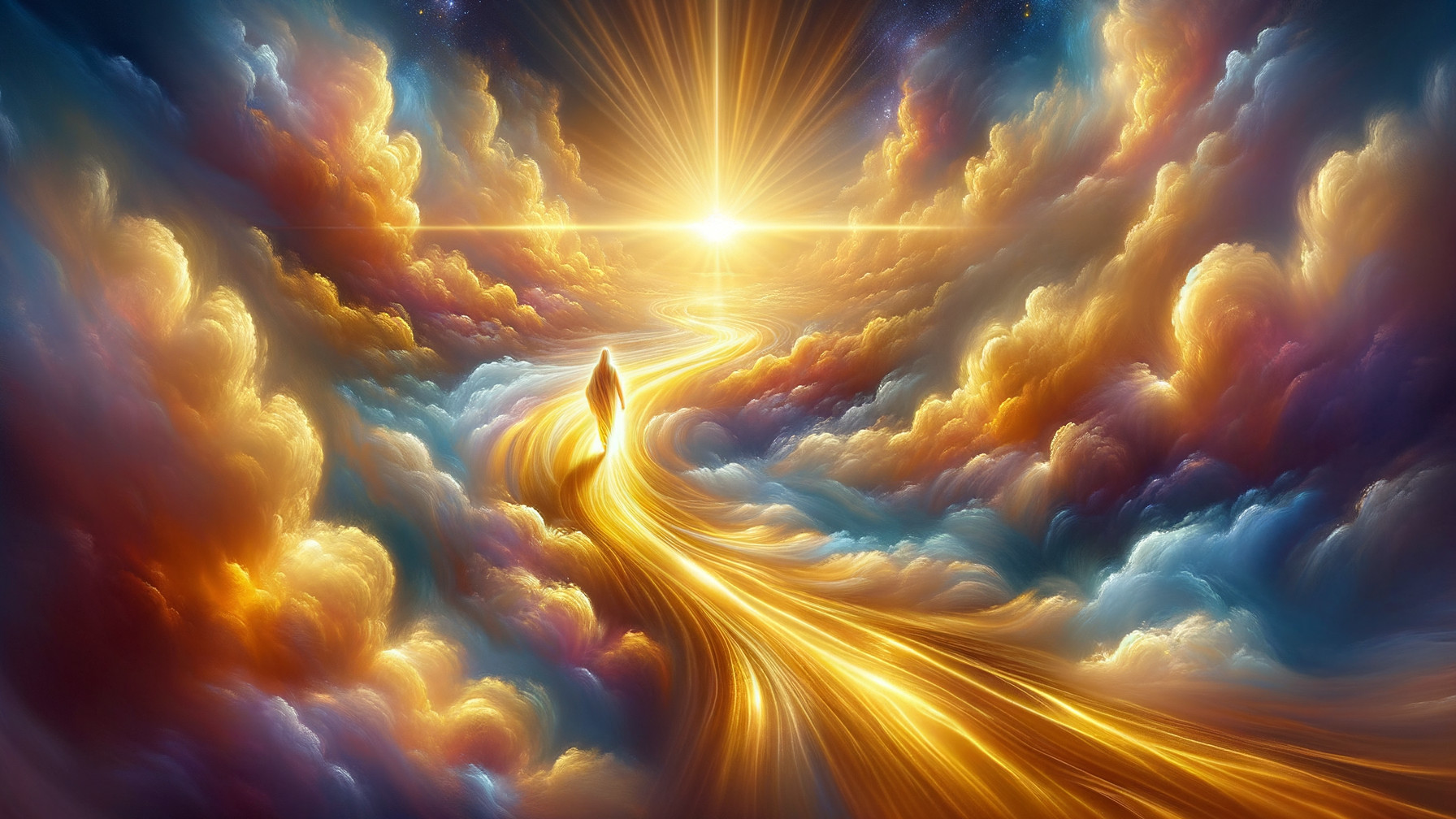 Luminous Pathway Through Vibrant Swirling Clouds