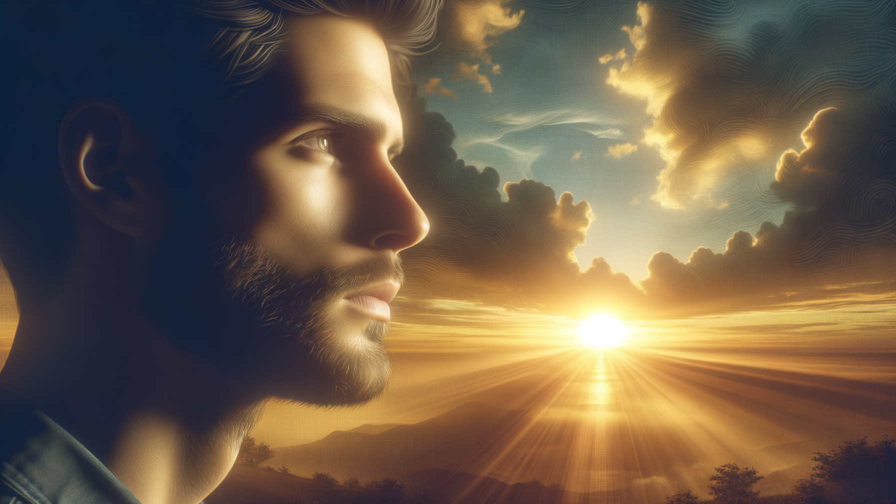 Contemplative Young Man at Sunset with Dramatic Sky