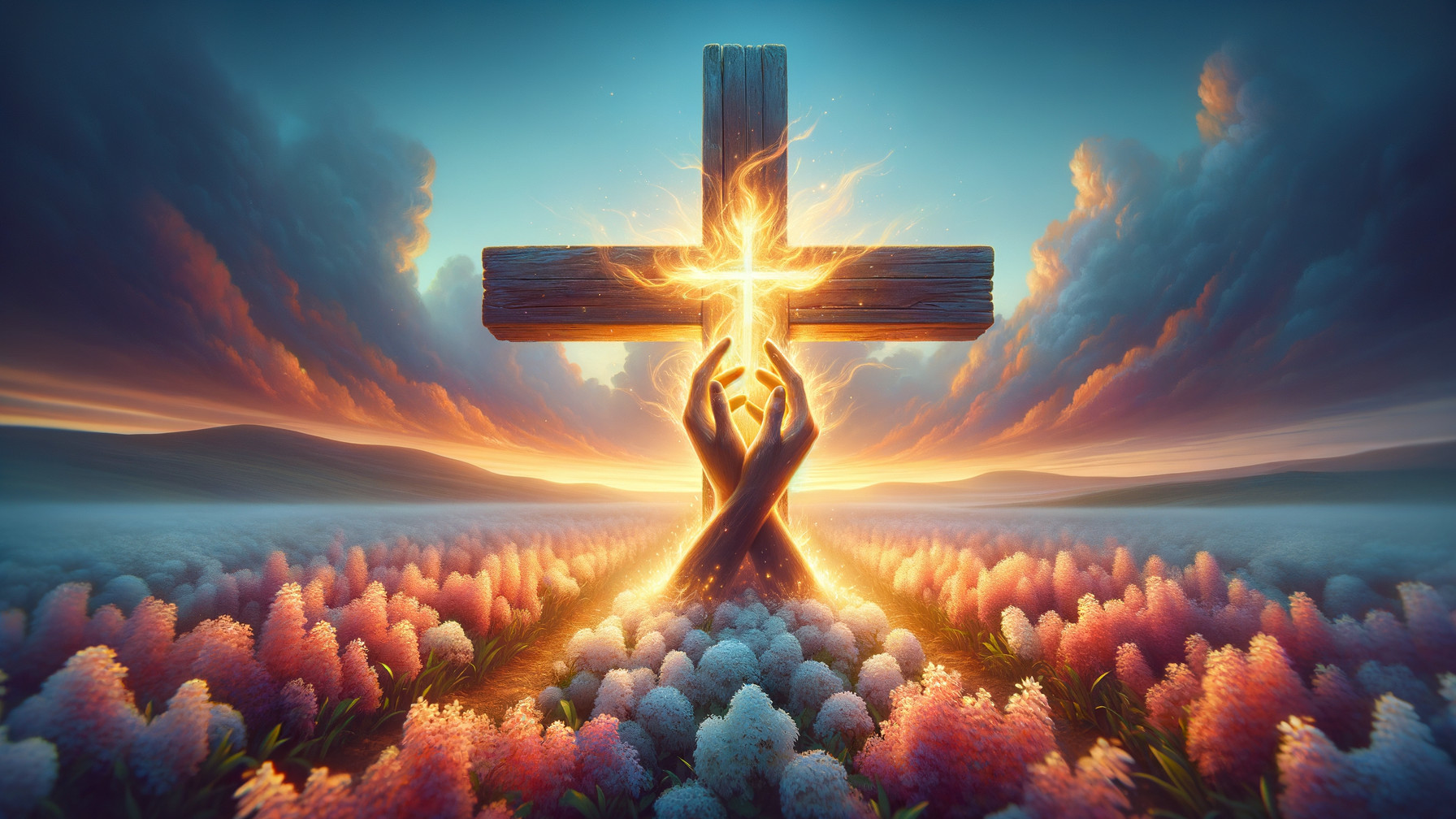 Wooden Cross Surrounded by Flowers at Sunset