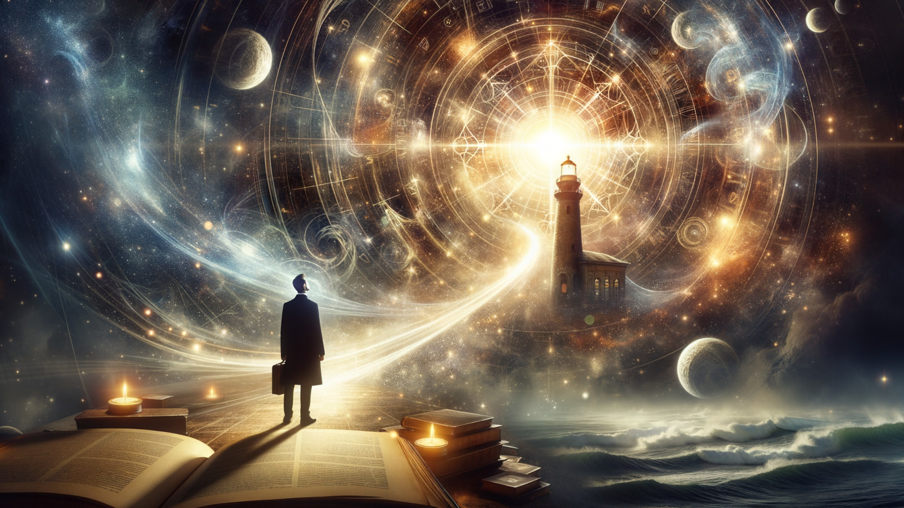 Surreal Cosmic Landscape with Lighthouse and Figure
