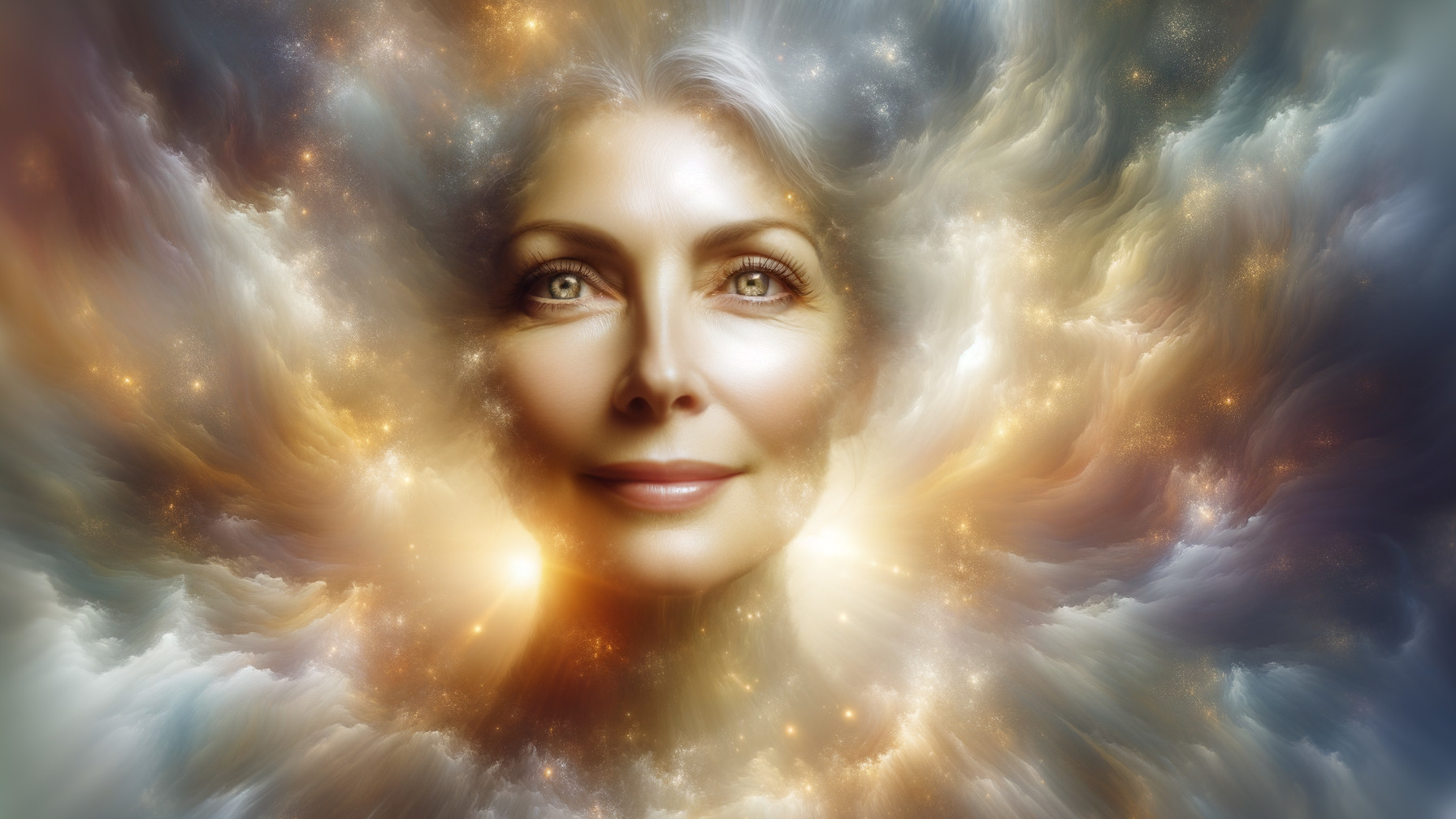 Ethereal Woman's Face in Cosmic Backdrop