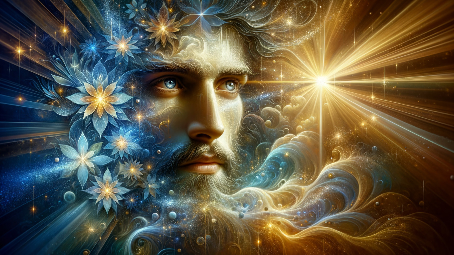 Surreal Face with Flowers and Cosmic Patterns