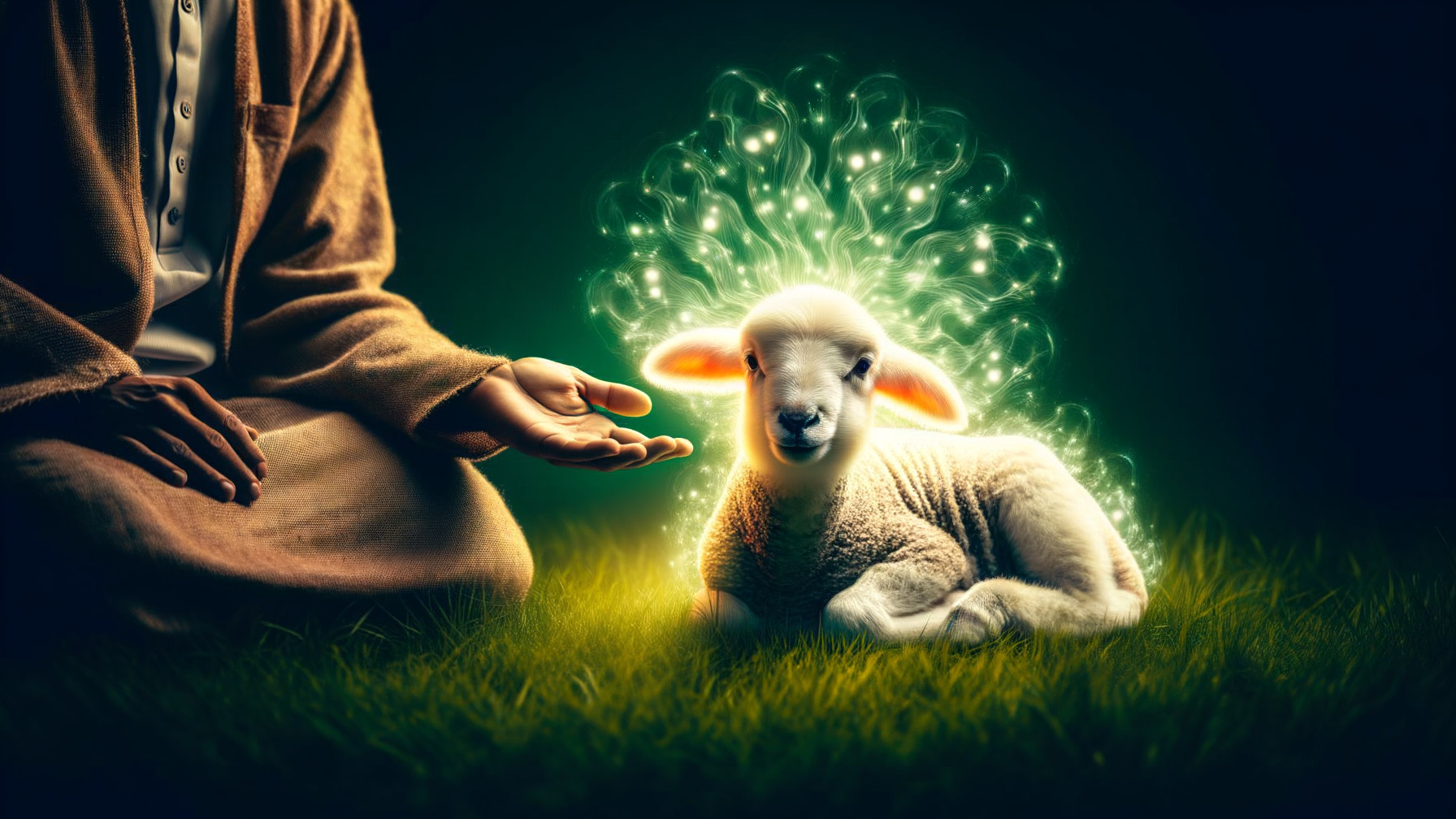 Kneeling man in robe with glowing lamb on grass