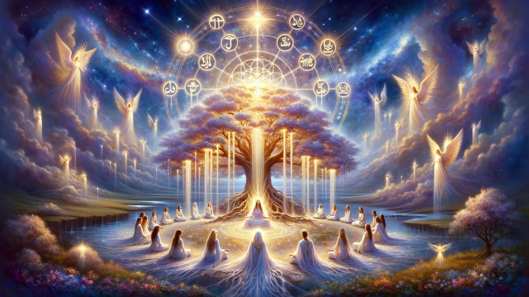 Celestial Landscape with Glowing Tree and Meditating Figures