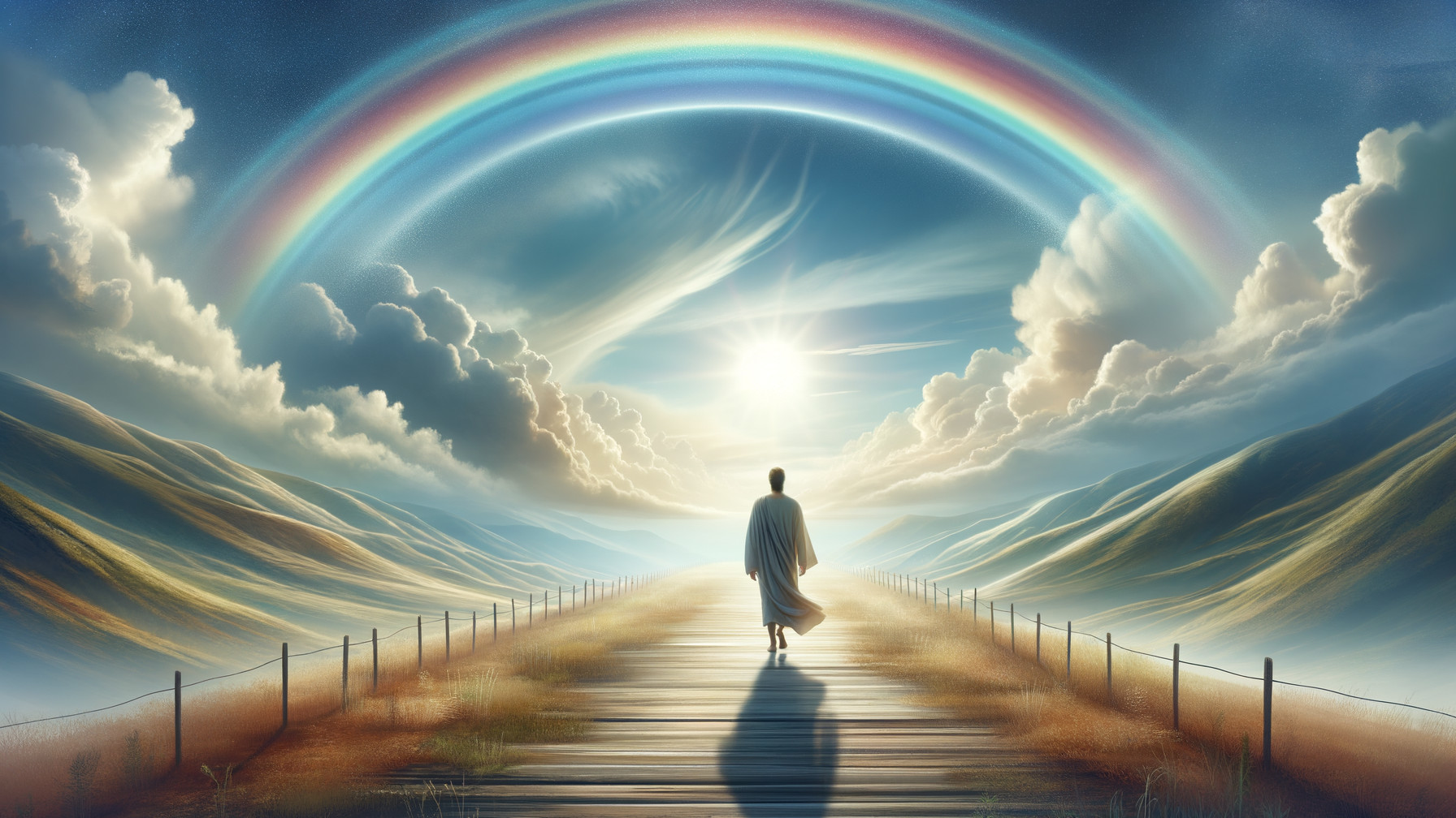 Idyllic landscape with rainbow and wooden path