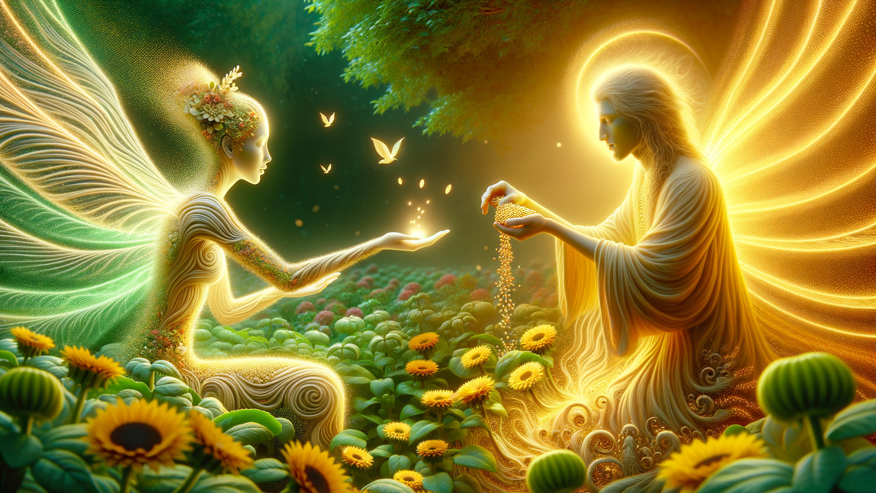 Ethereal Beings in a Mystical Golden Garden