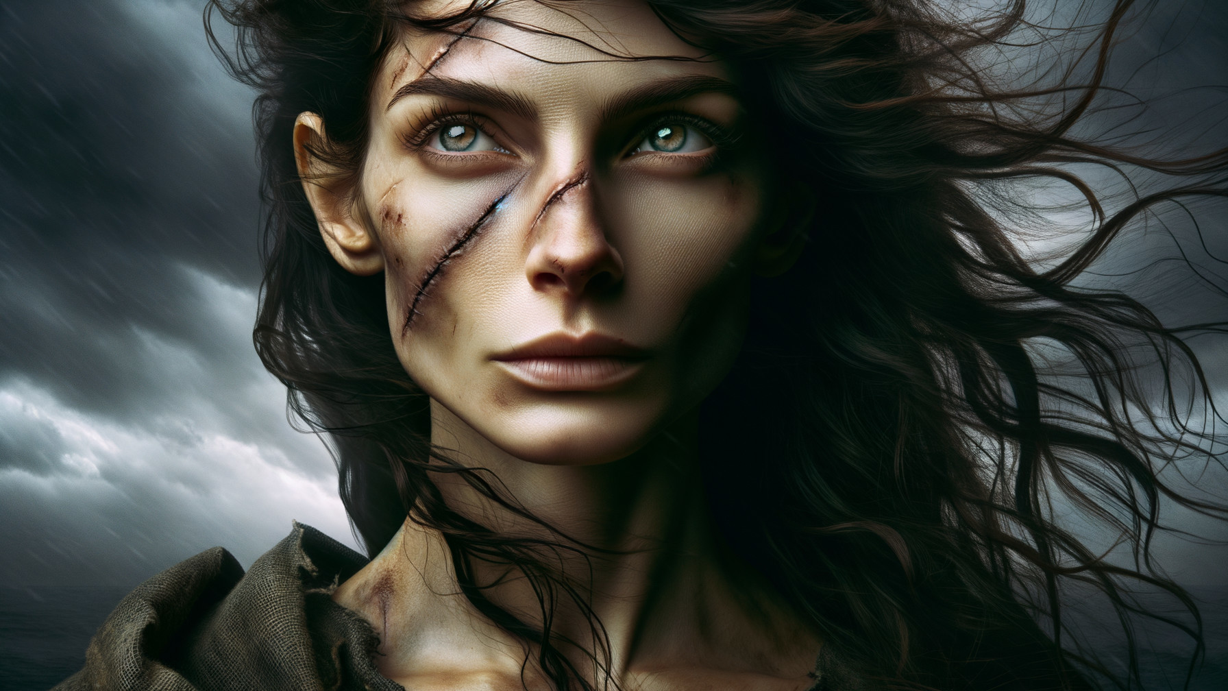 Intense portrait of a woman with flowing hair and scar