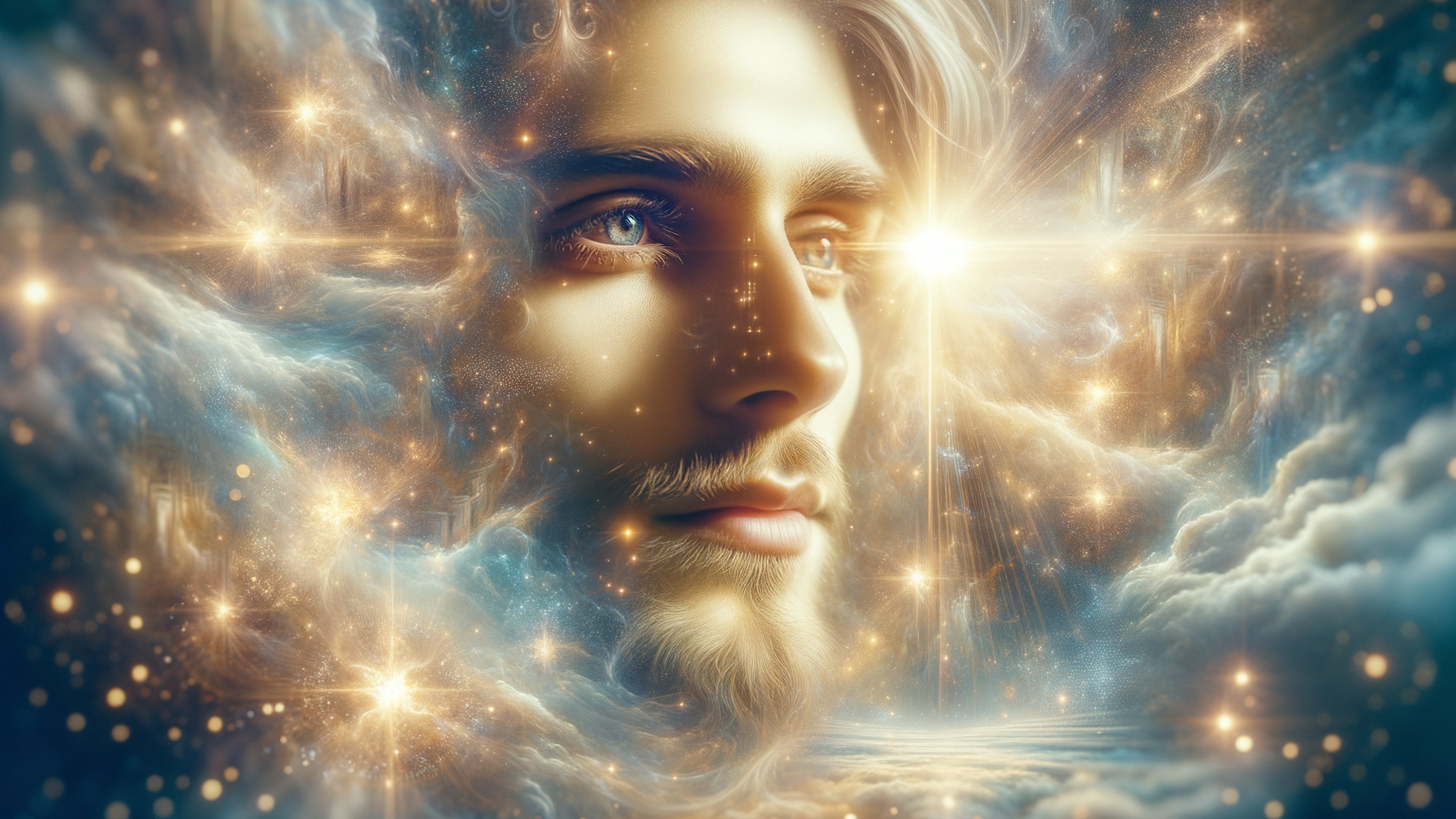 Profile of a Divine Being in Ethereal Clouds and Lights
