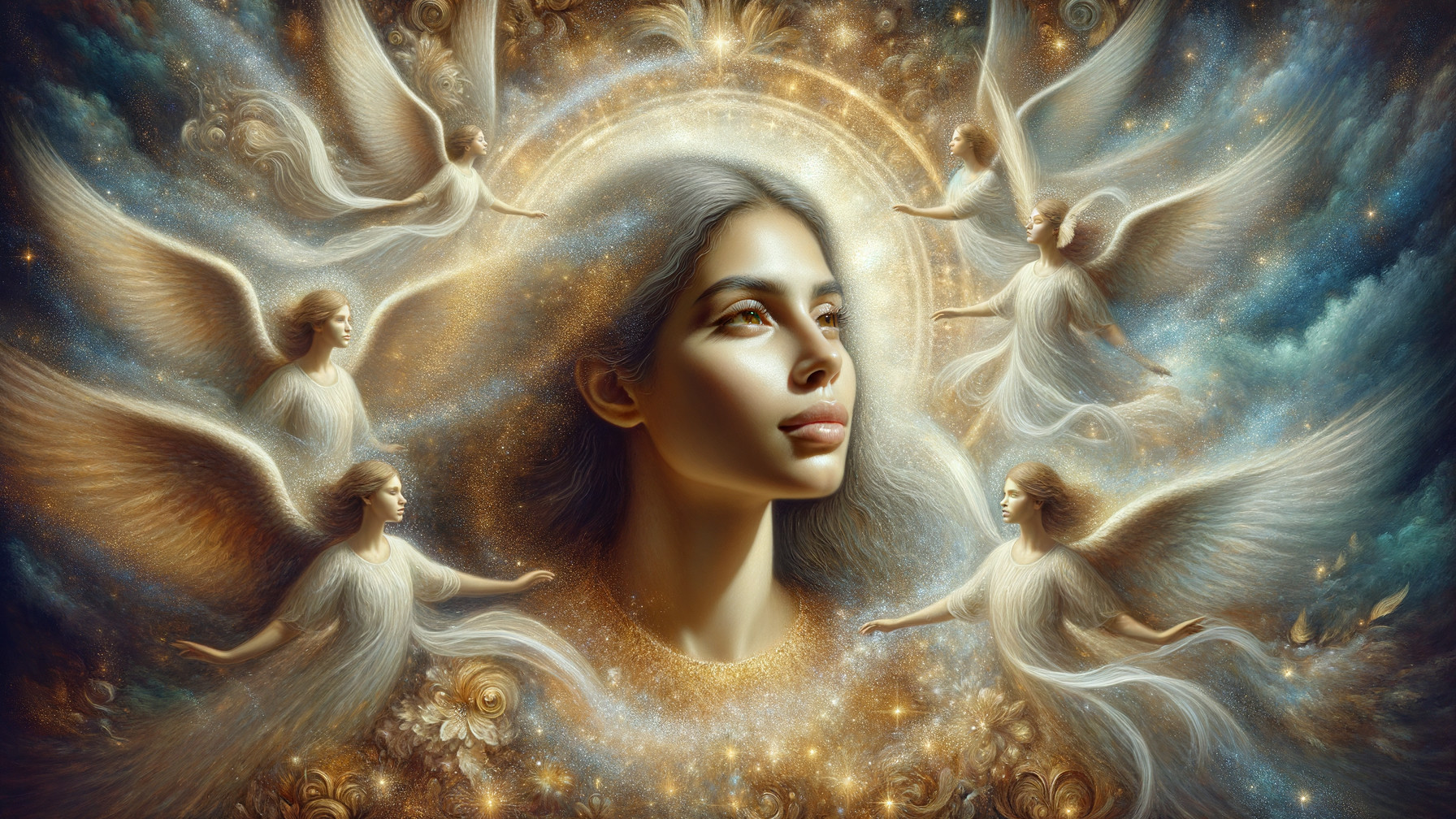 Serene Woman Surrounded by Ethereal Angels in Cosmos