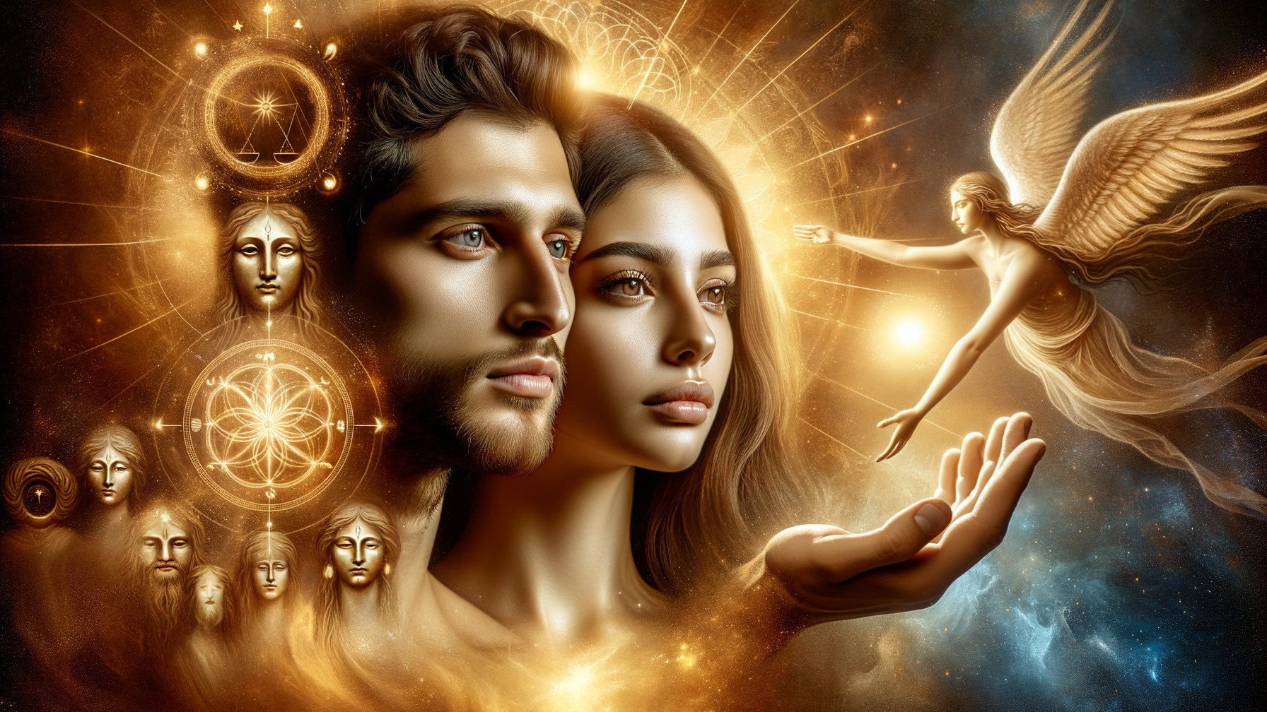 Mystical Scene of Human Faces and Celestial Elements
