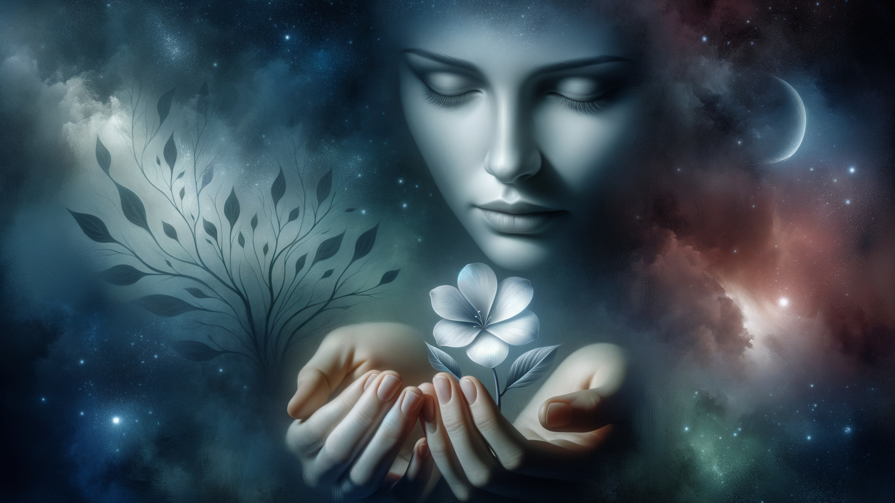 Ethereal Figure Surrounded by Cosmic Elements and Nature