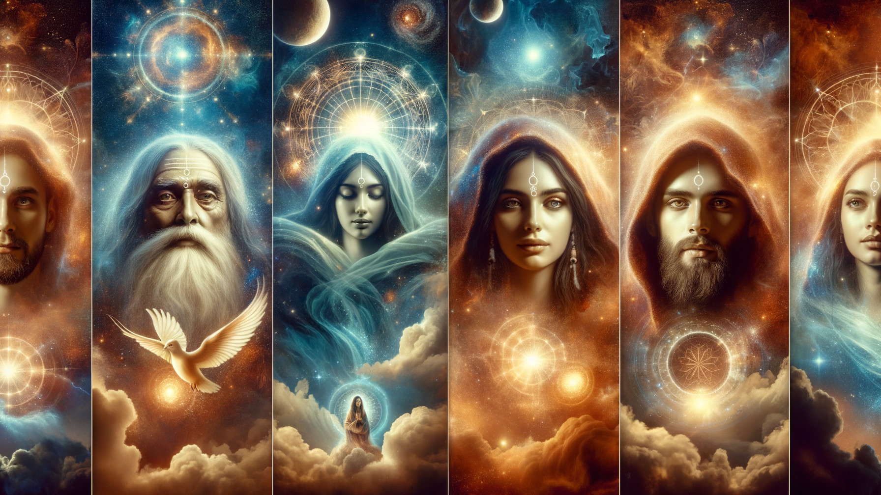 Celestial Portraits with Cosmic Backdrop and Symbols