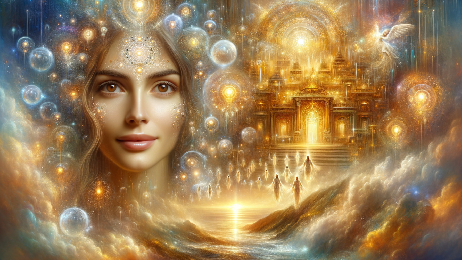 Ethereal Woman in Dreamlike Golden Landscape