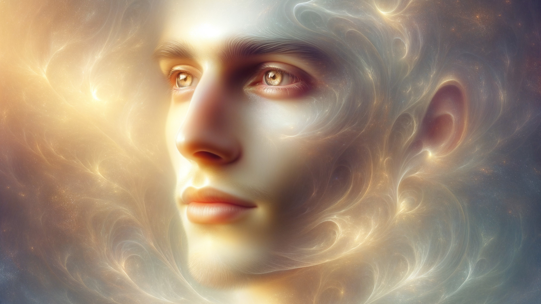 Youthful Man's Profile with Ethereal Hair and Cosmic Background