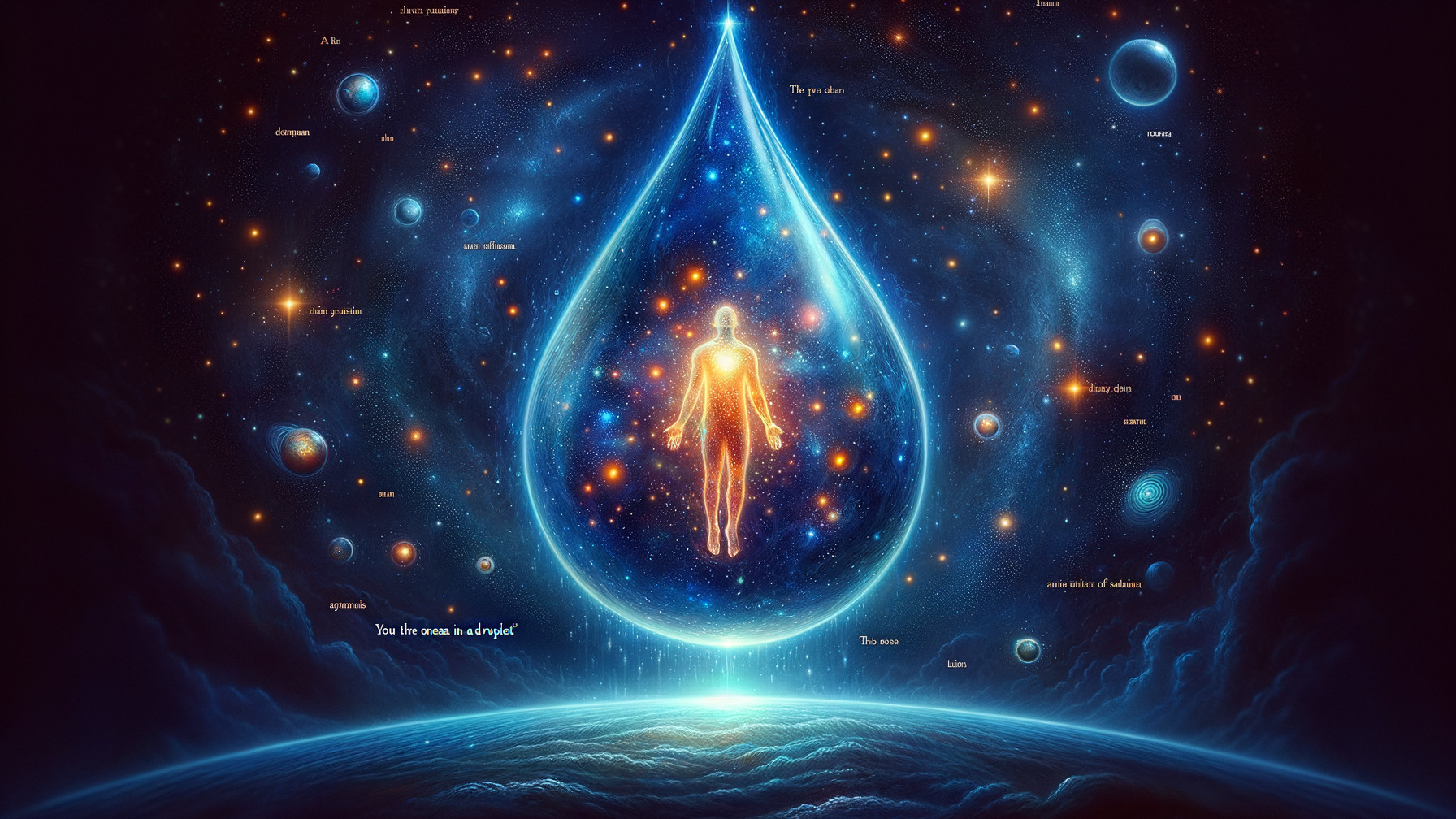 Luminous Droplet in Cosmic Expanse with Human Figure