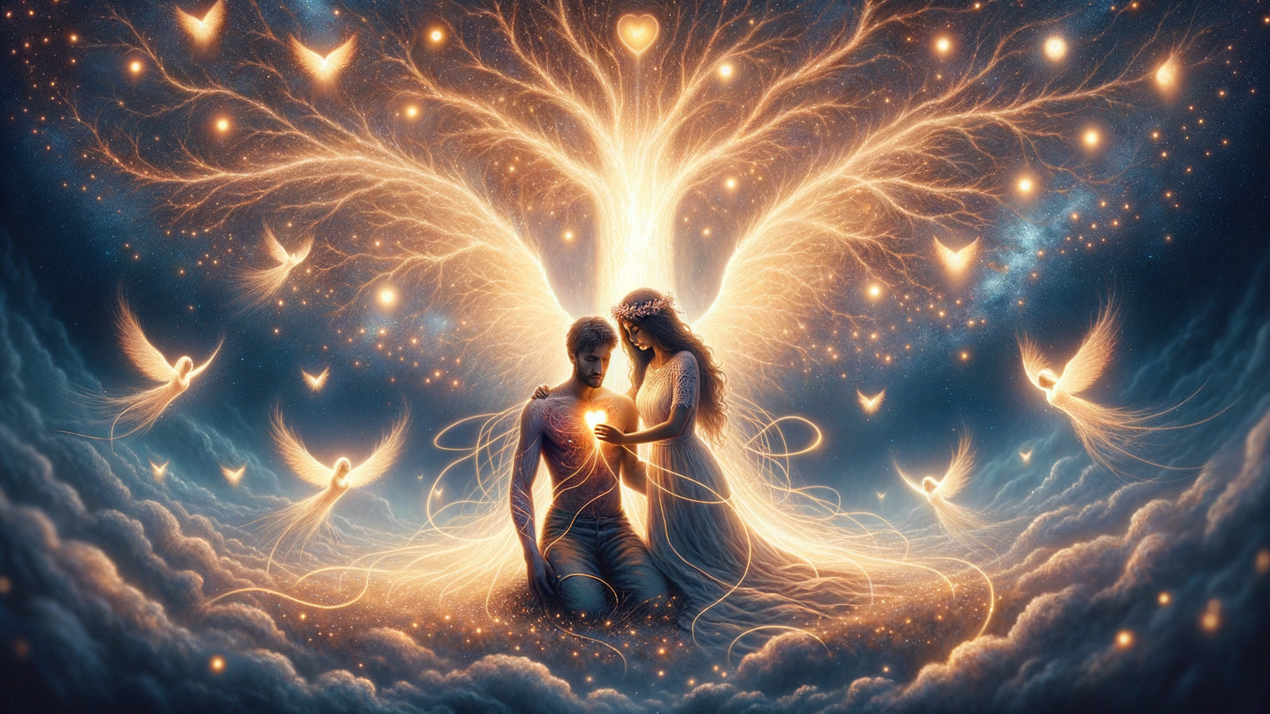 Luminous Tree of Life with Ethereal Figures and Light