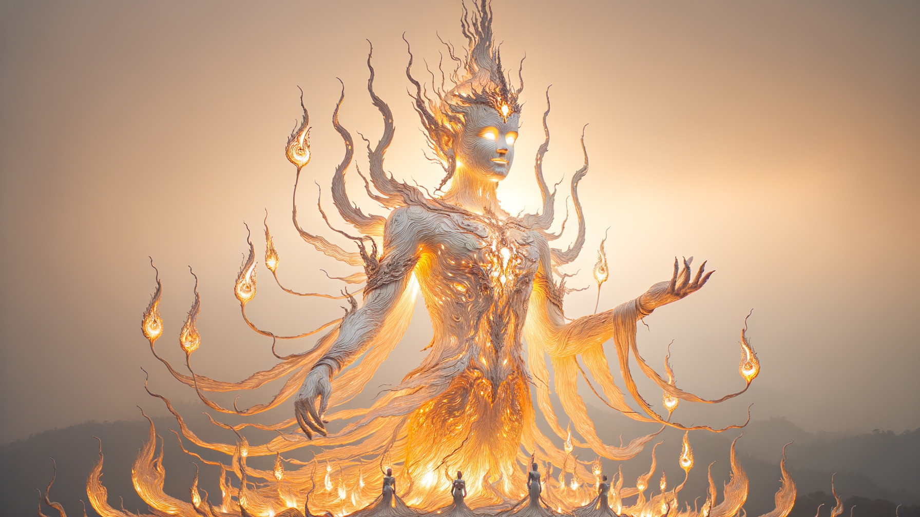 Ethereal Figure with Flames in Mystical Setting