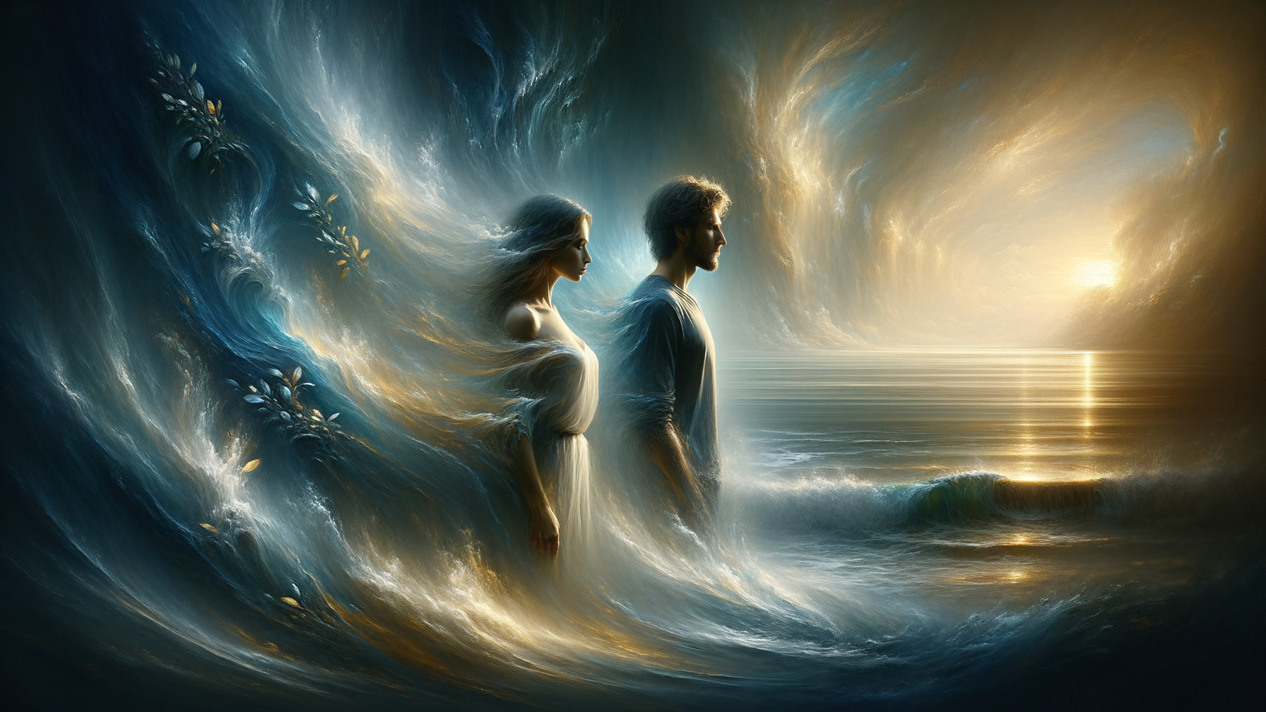 Surreal Scene of Figures in Ethereal Ocean Colors