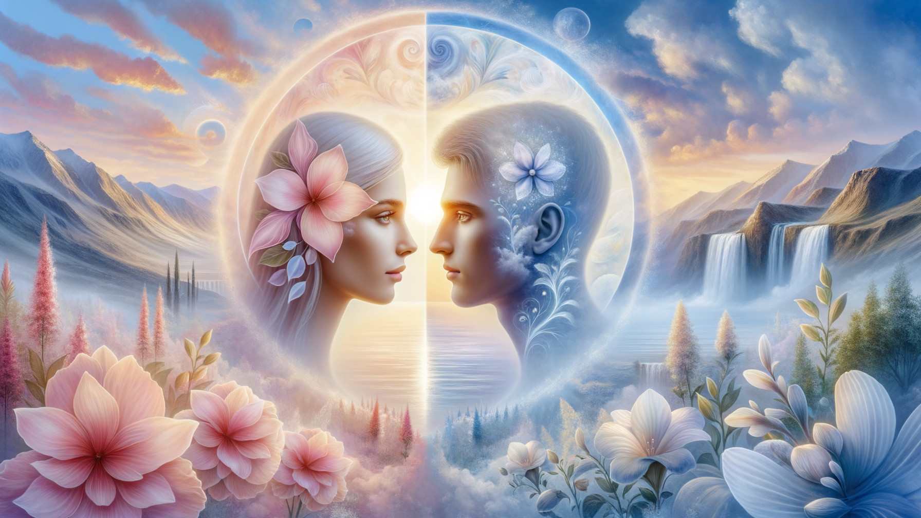 Serene Circular Design of Two Floral Faces and Landscapes