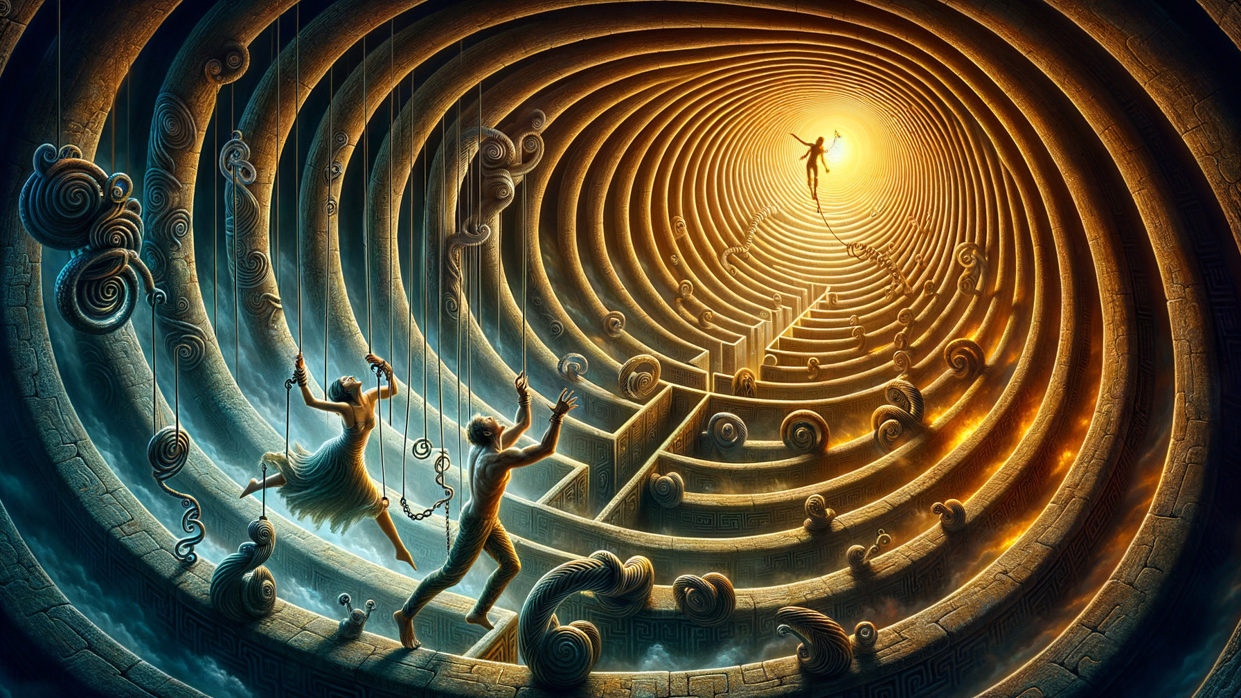 Surreal Labyrinth with Figures and Intricate Patterns