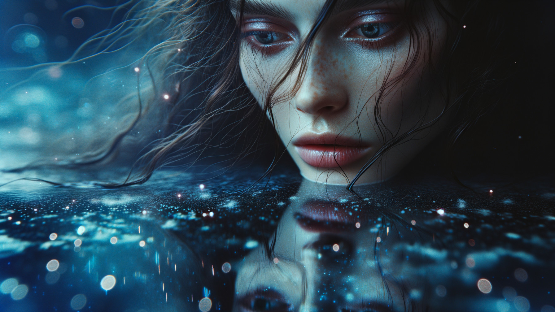 Close-up of a contemplative face with flowing hair