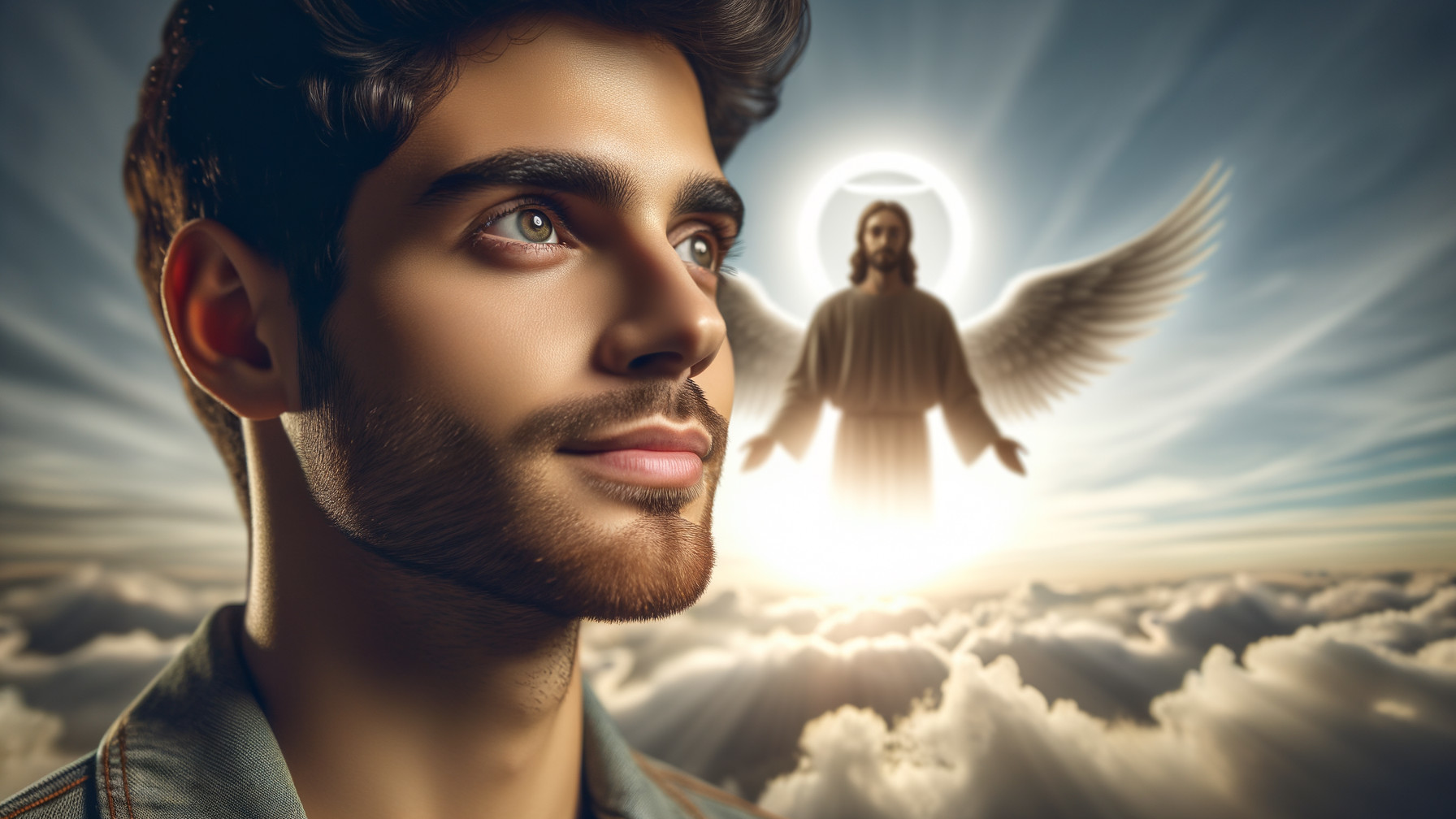 Young man in serene contemplation with celestial figure