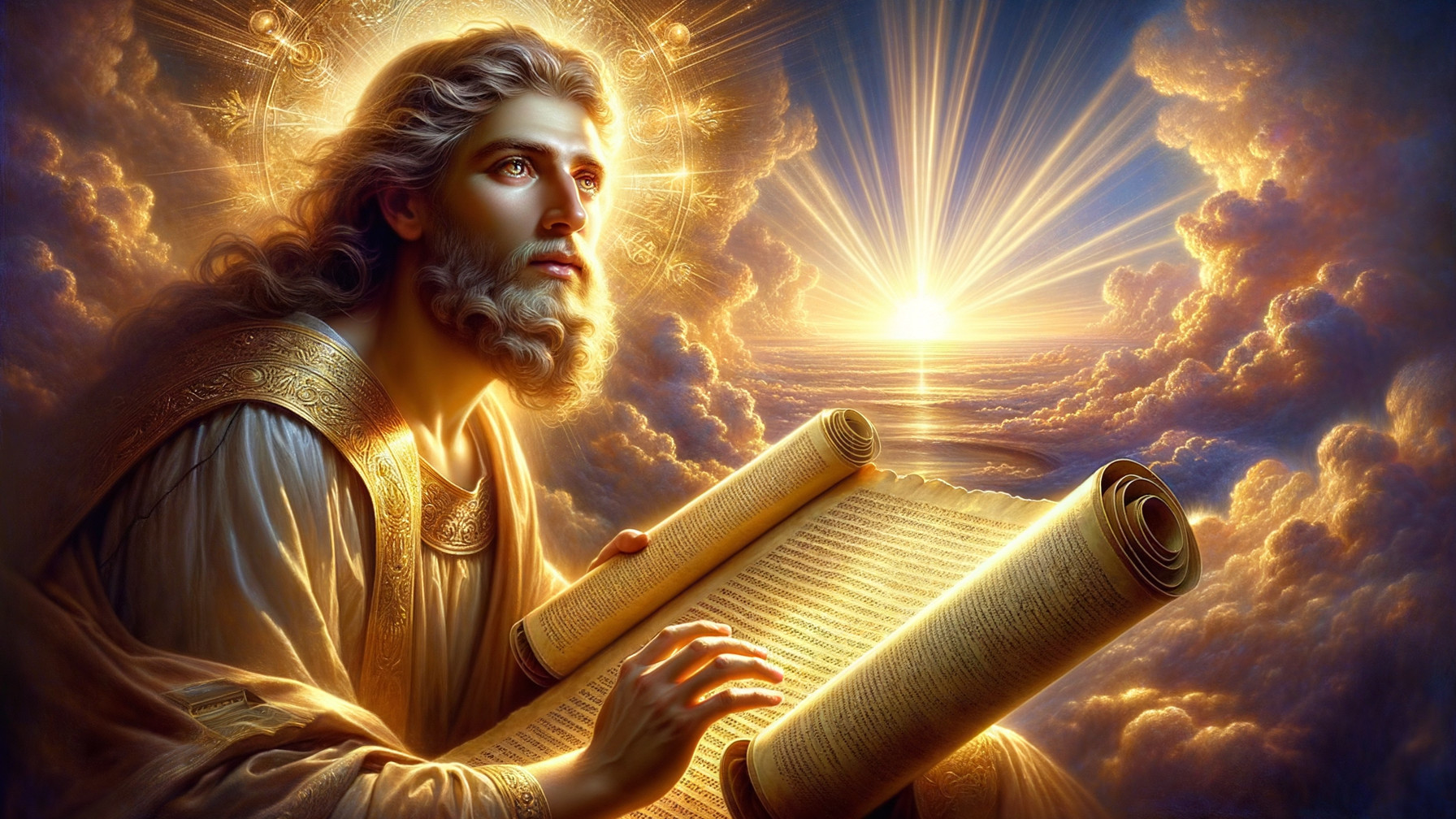 Serene figure with halo and scroll under golden light