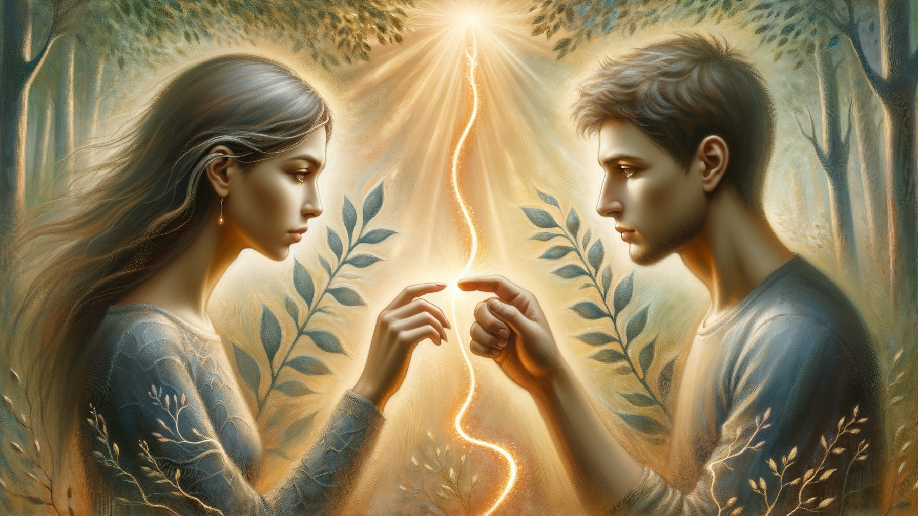 Couple in Forest with Glowing Light Symbolizing Love