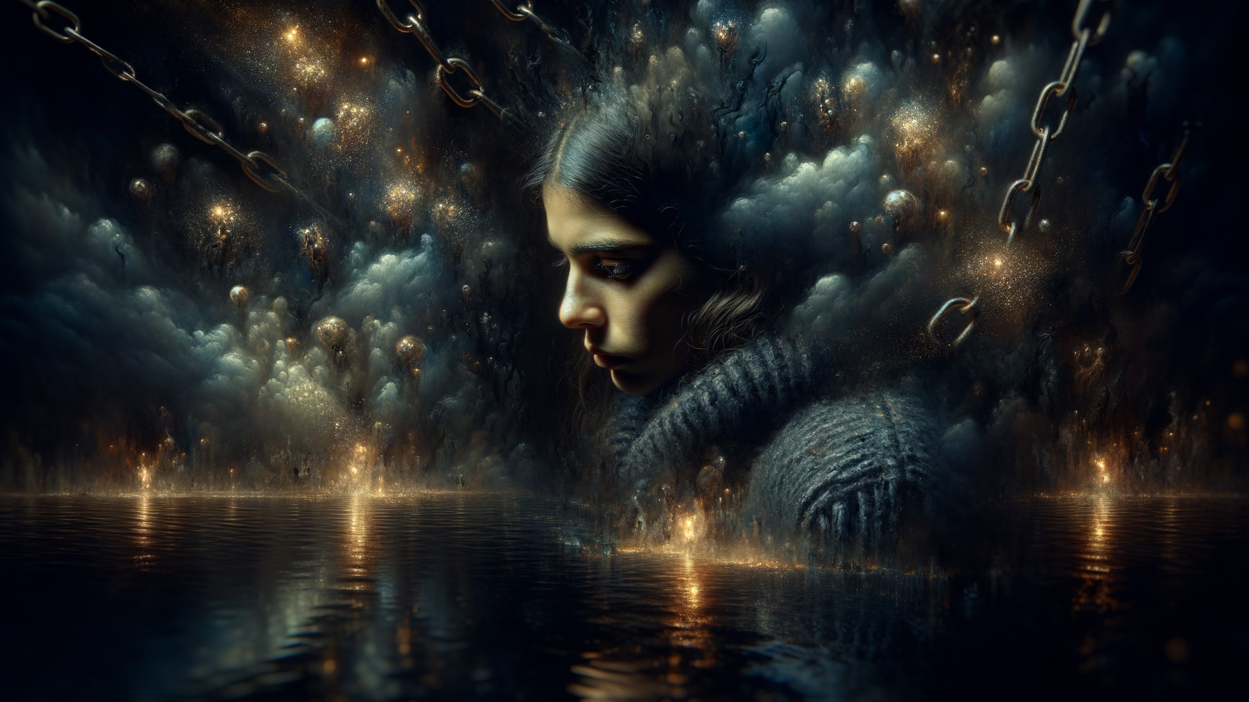 Contemplative Young Woman Amid Ethereal Clouds and Light