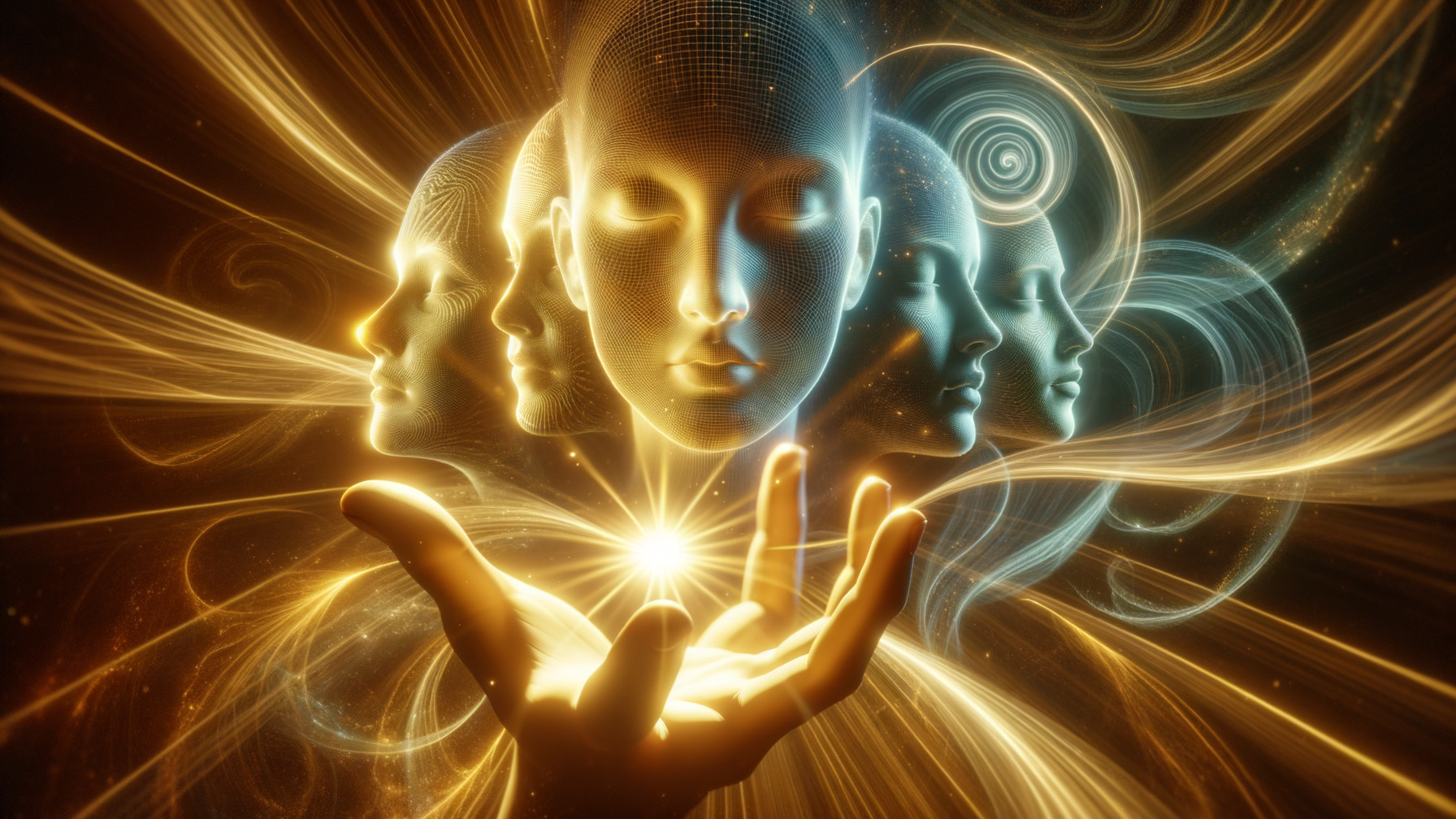Ethereal Hand Cradling Radiant Orb with Faces