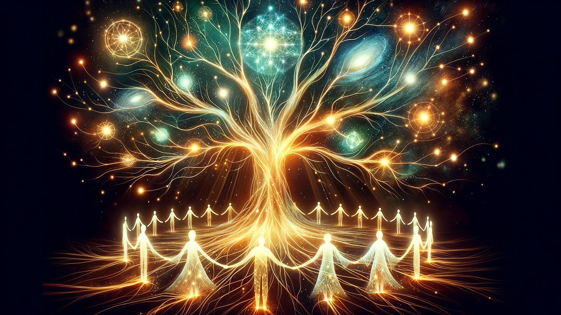 Mystical Tree with Ethereal Figures and Cosmic Elements