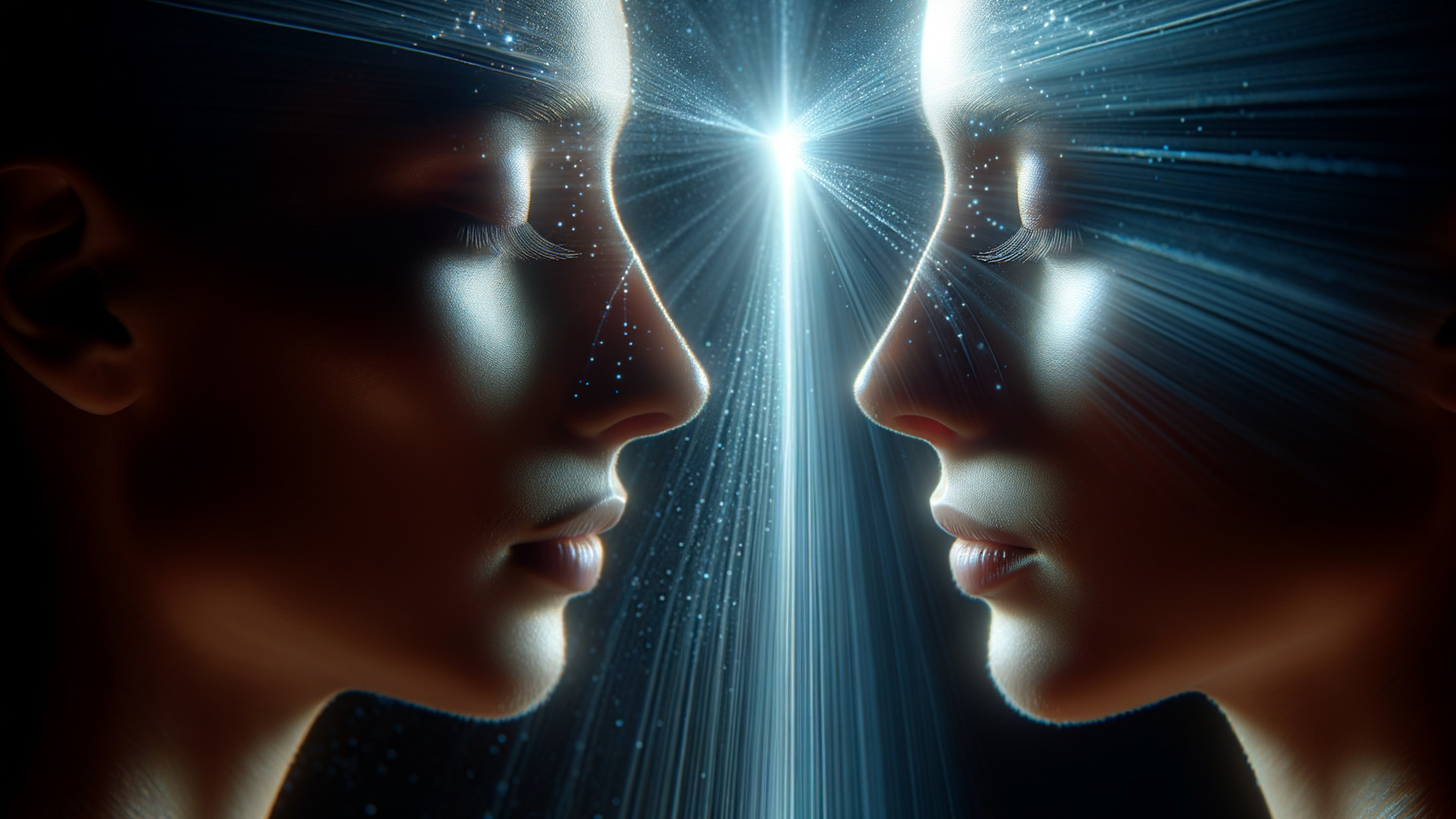 Ethereal Faces in Profile with Radiant Light Connection