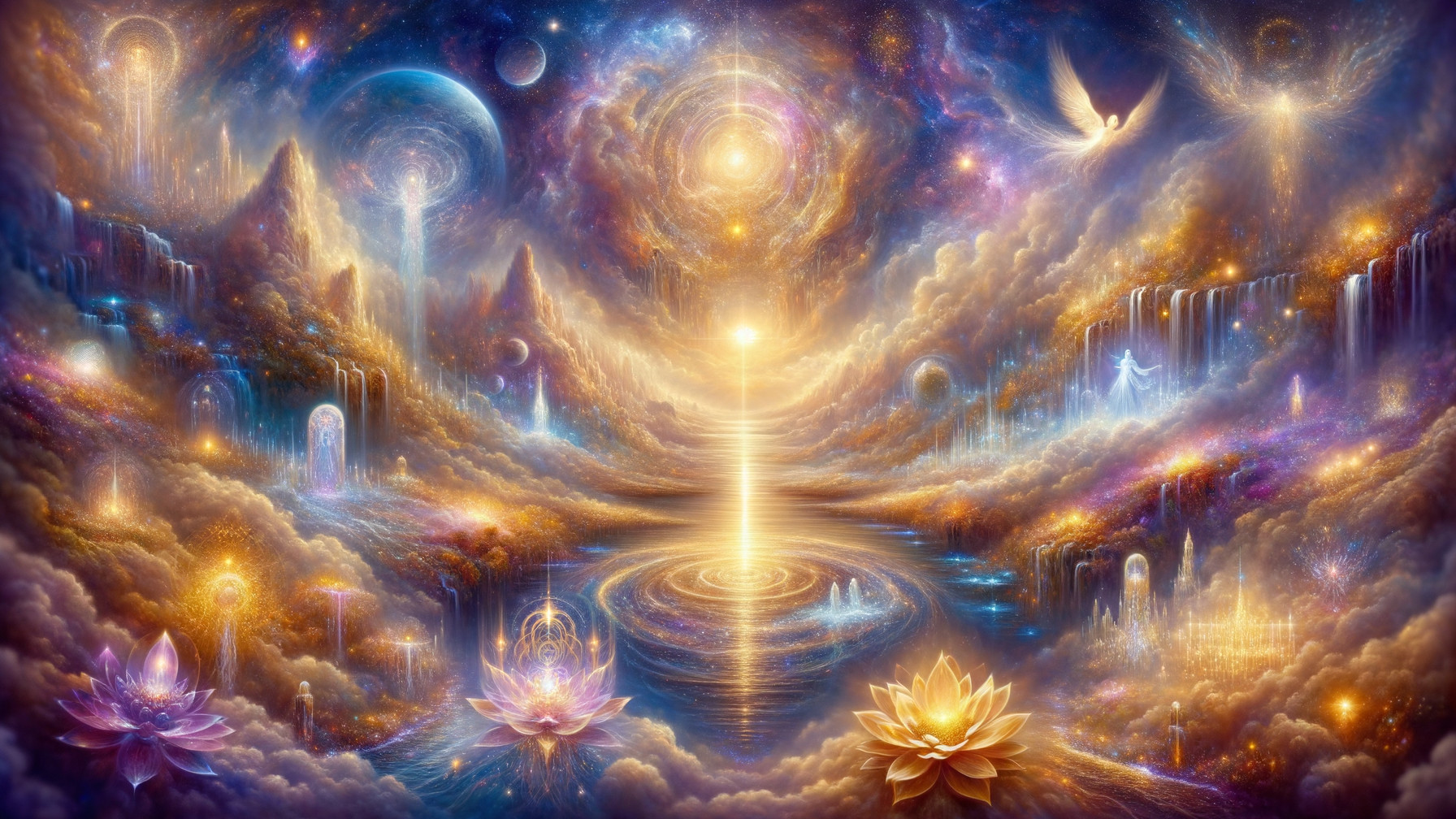 Vibrant Cosmic Landscape with Waterfalls and Lotus Flowers