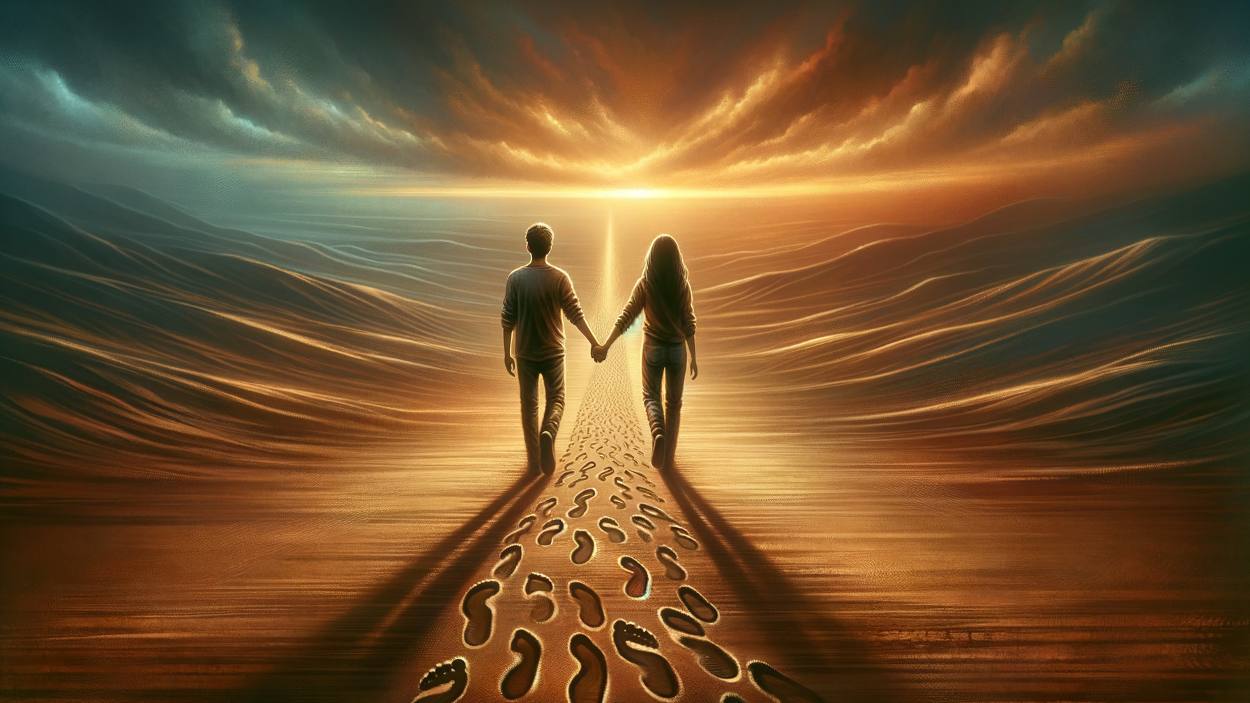 Couple Walking Toward a Sunset Horizon with Reflections