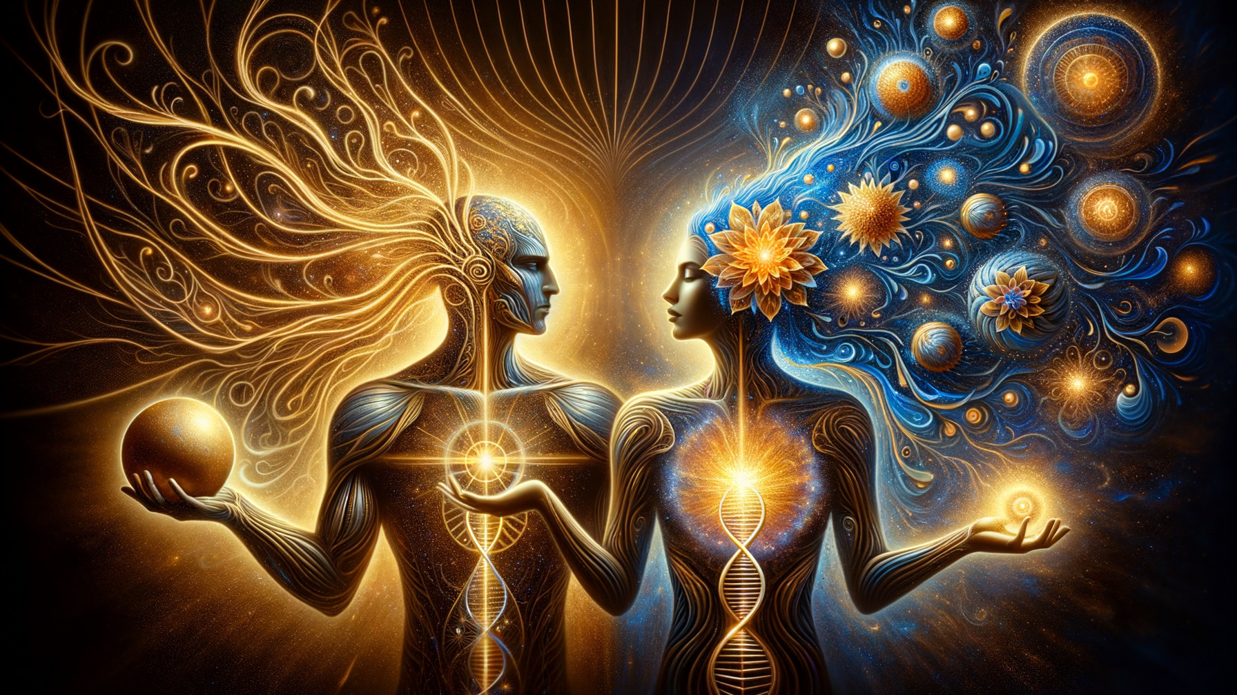Surreal depiction of male and female figures with patterns