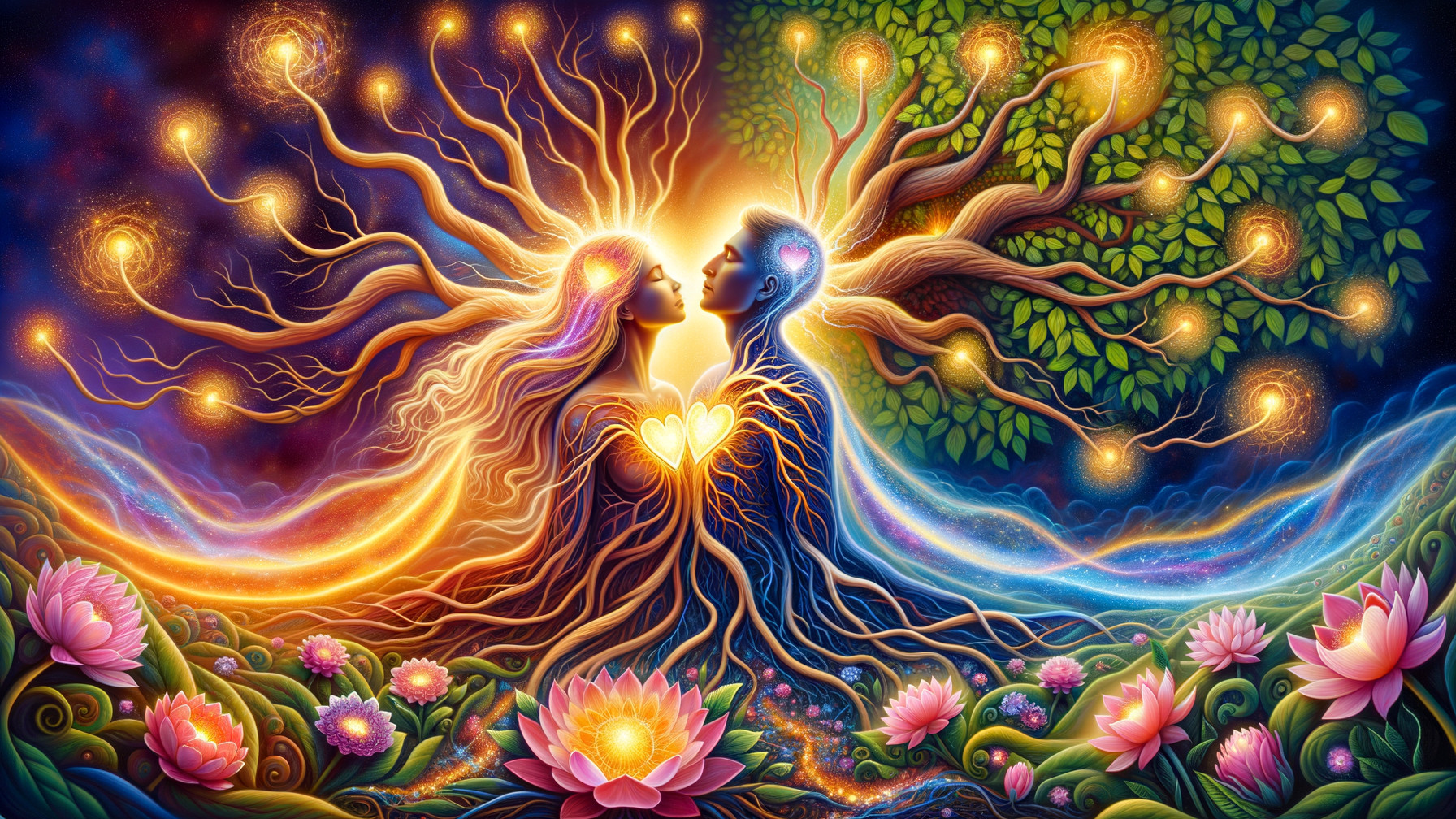 Surreal Artwork of Intertwined Couple with Lotus Flowers