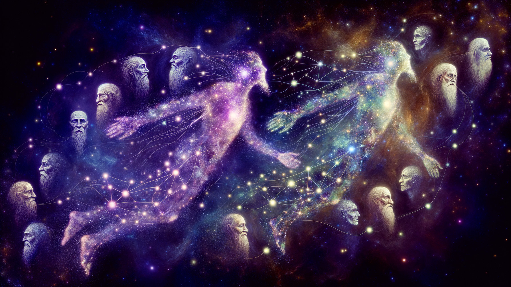 Cosmic Scene of Ethereal Figures and Galaxies