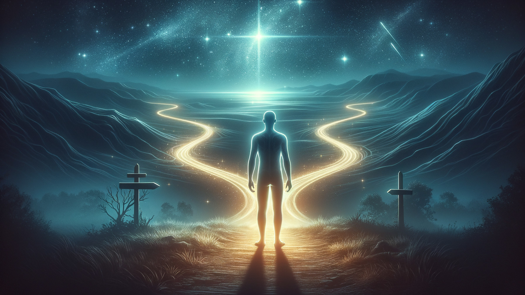 Silhouette at Crossroads Under Starry Sky and Mountains