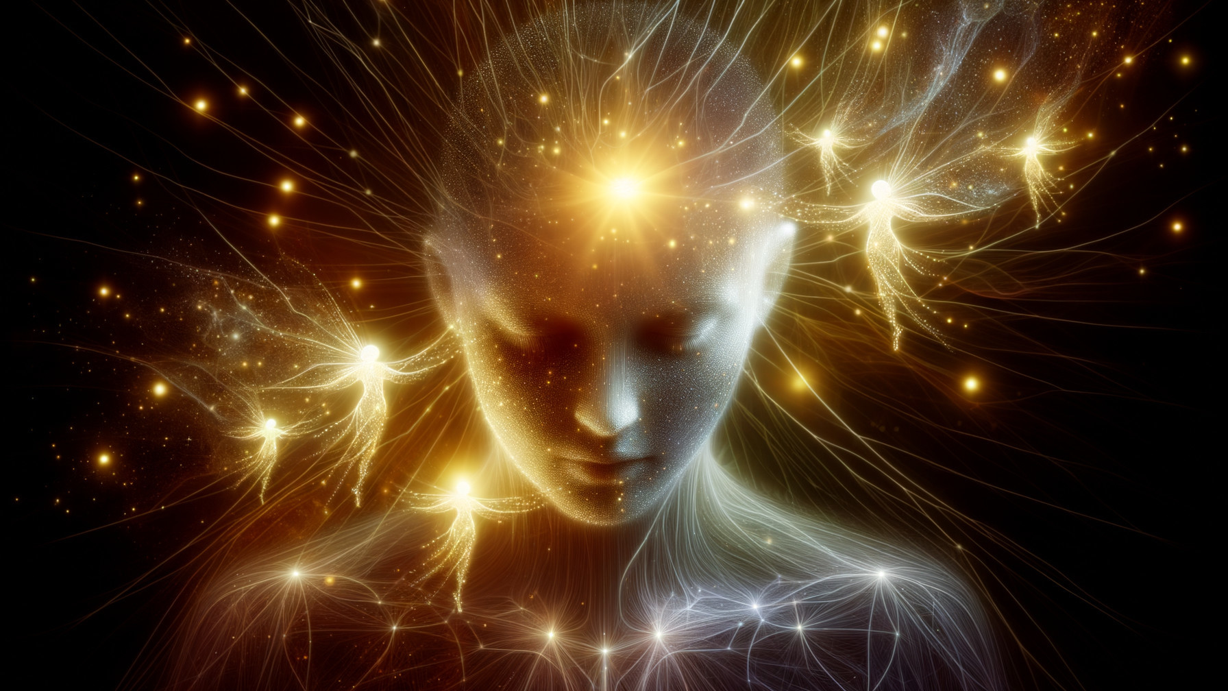 Ethereal figure surrounded by light patterns and orbs