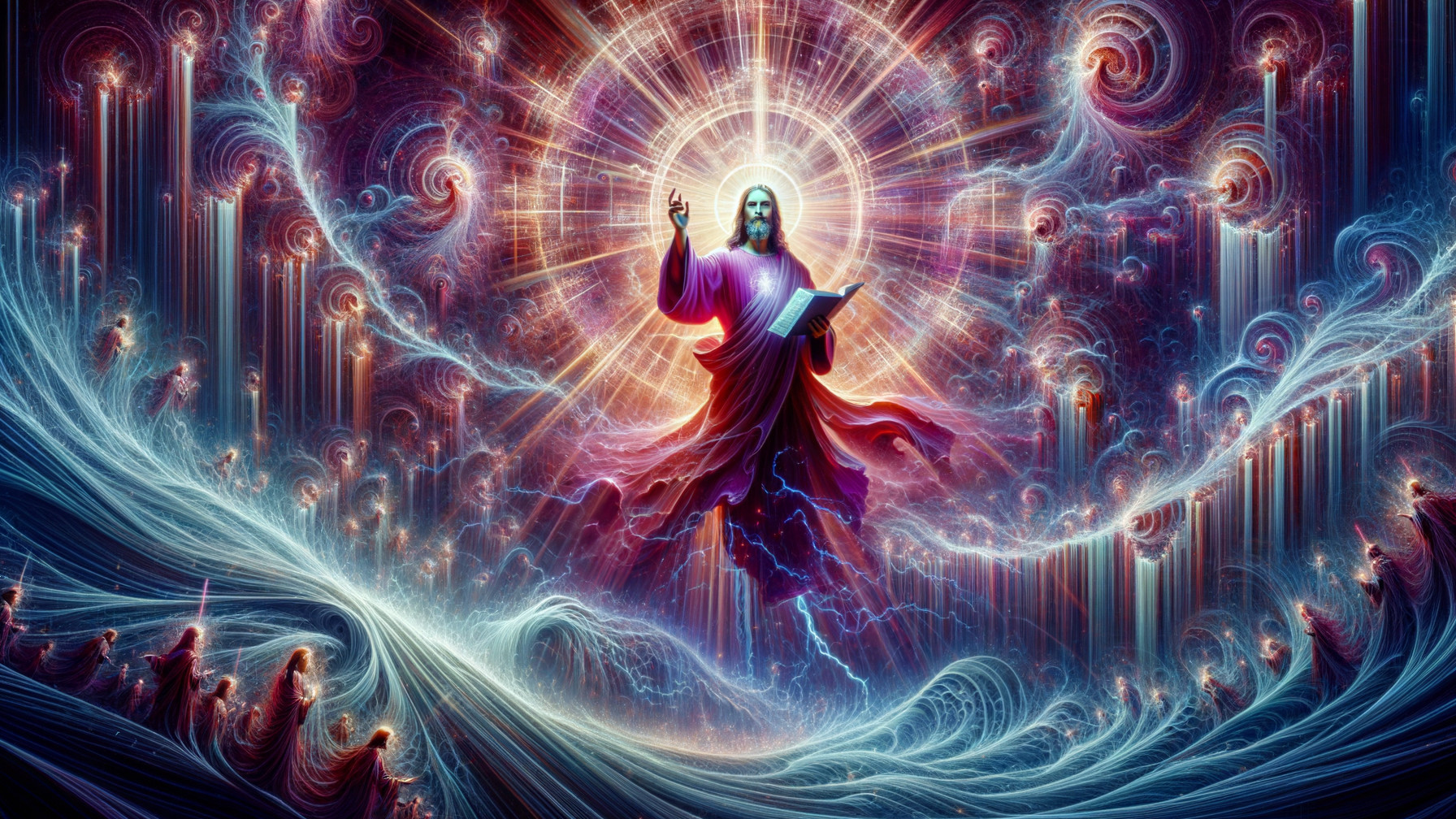 Cosmic Scene with Radiant Figure and Ethereal Elements