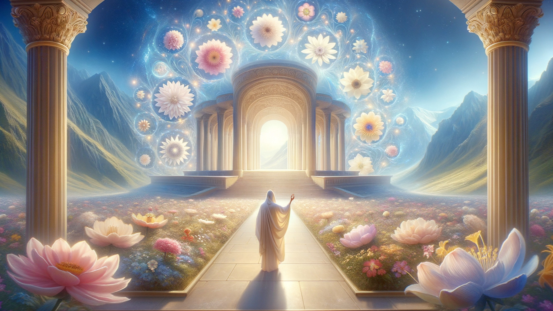 Ethereal Landscape with Luminous Temple and Mountains