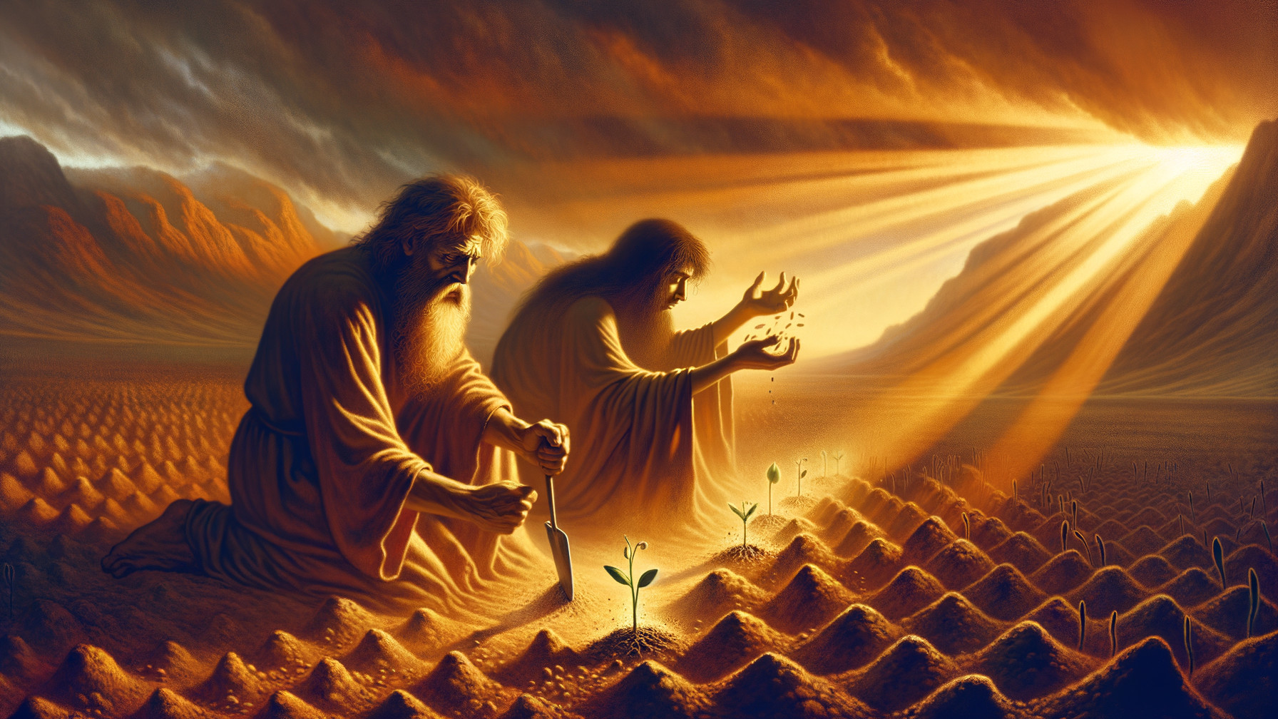 Wise Figures Planting Seeds in a Sunlit Landscape