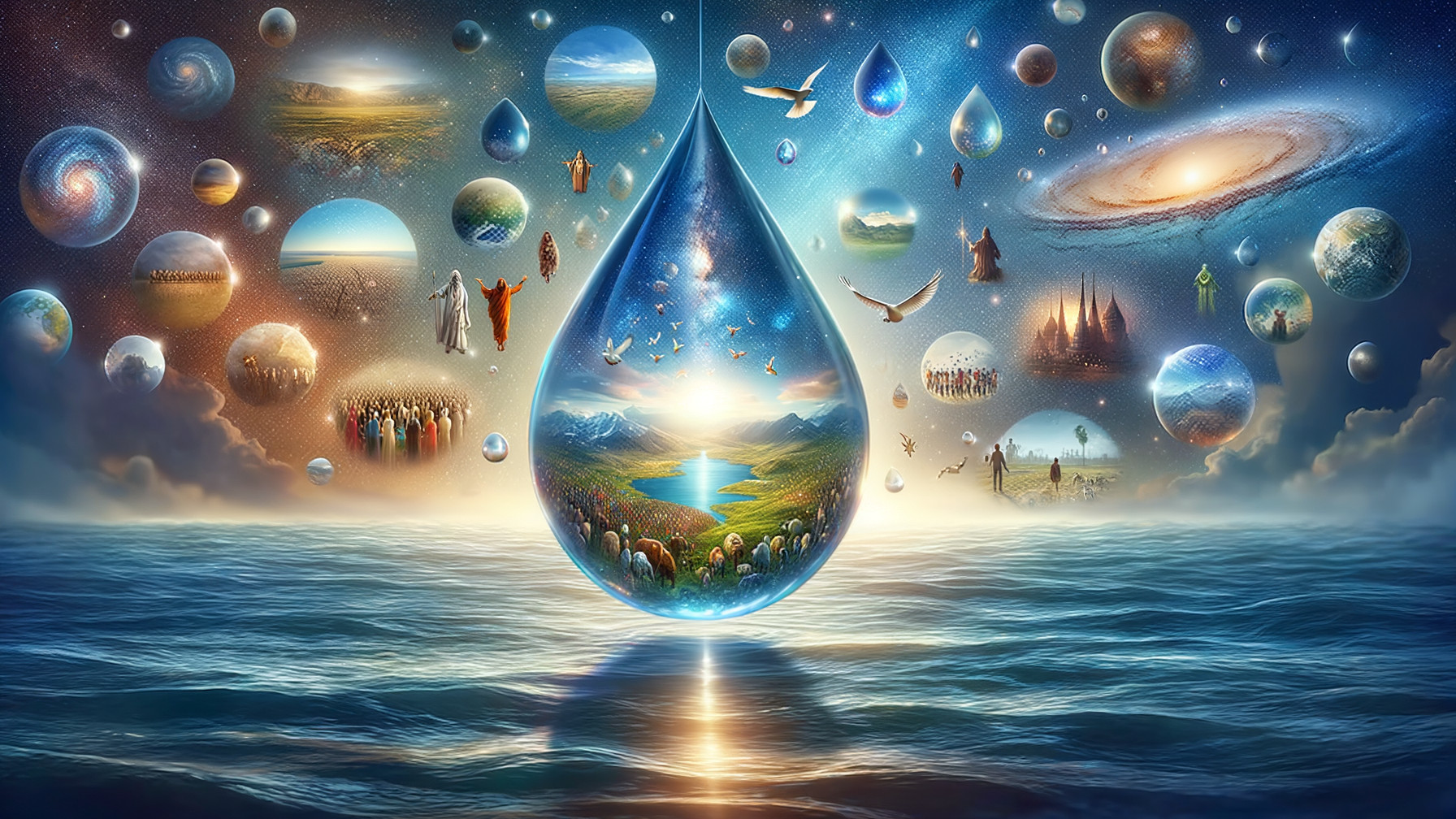Surreal Scene with Reflective Water Droplet and Nature