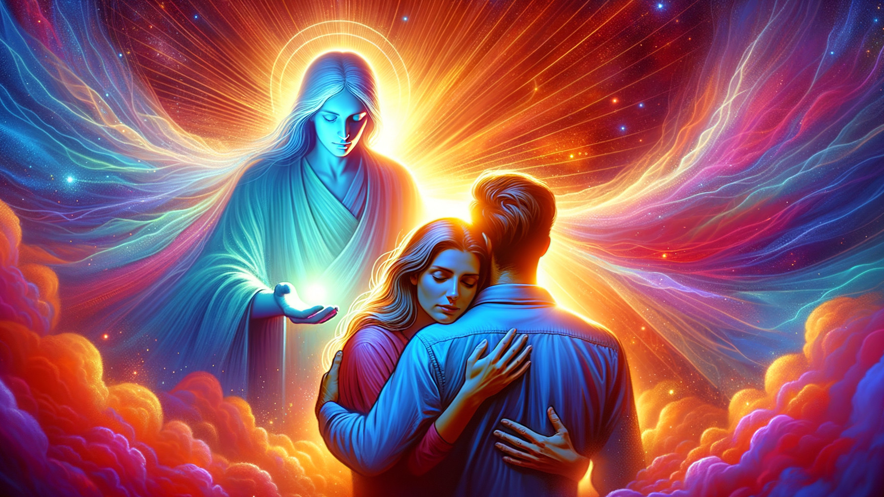 Couple Embraces in Ethereal Colorful Scene