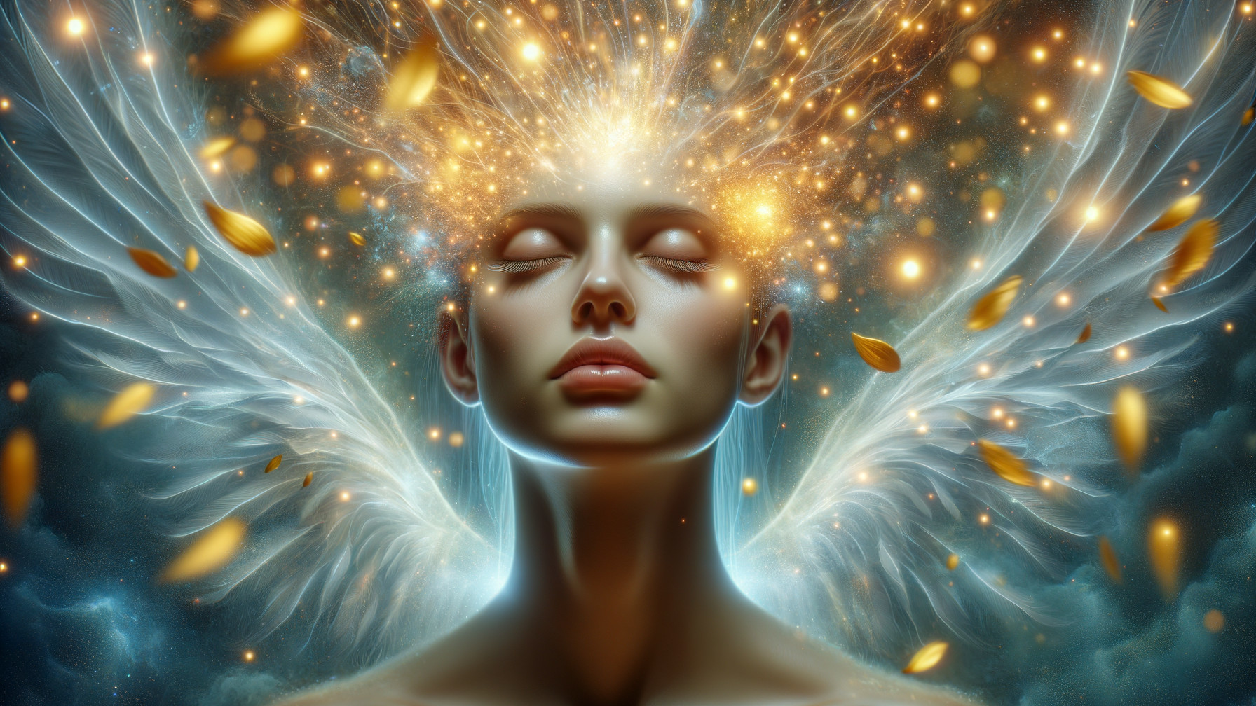 Serene Figure with Glowing Wings and Radiant Light