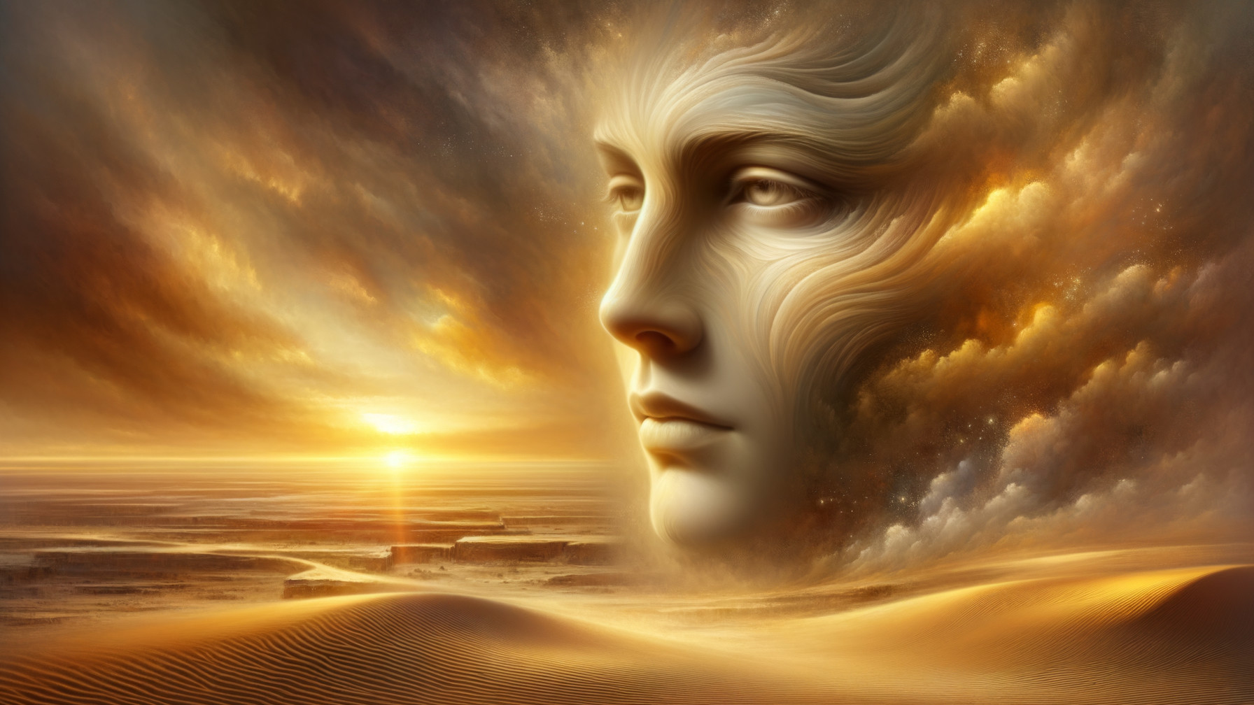 Surreal Desert Landscape with Ethereal Face at Sunset