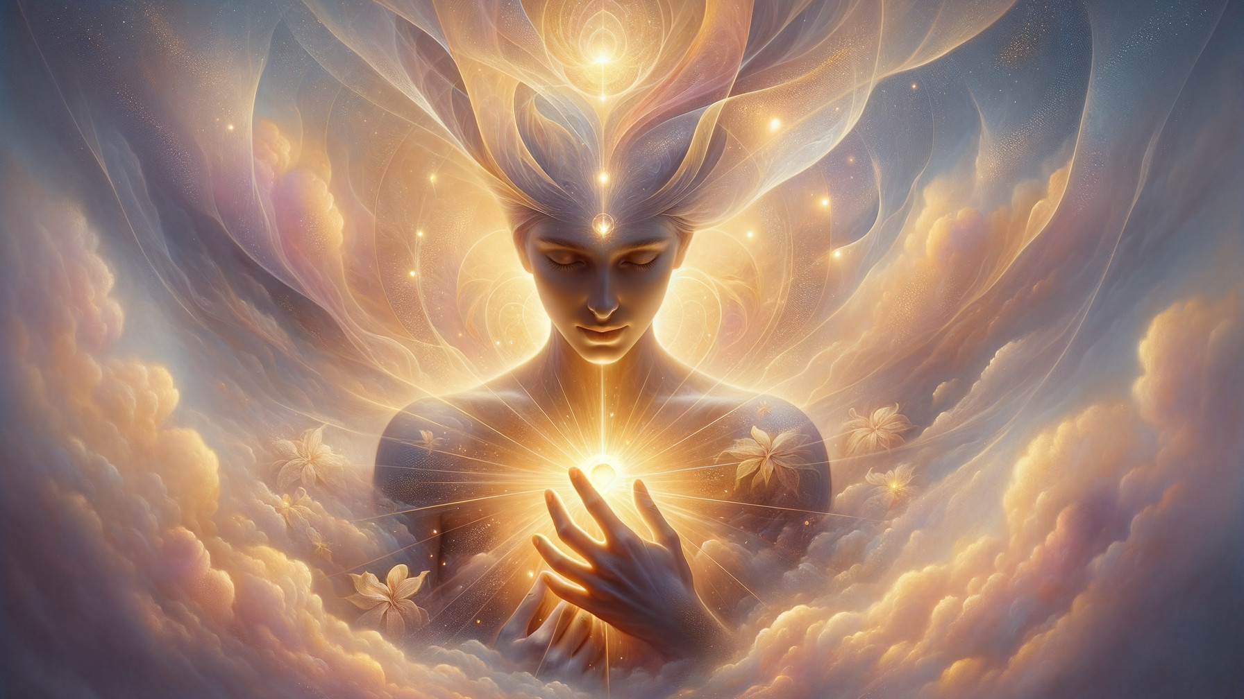 Serene figure with glowing sphere in dreamlike clouds