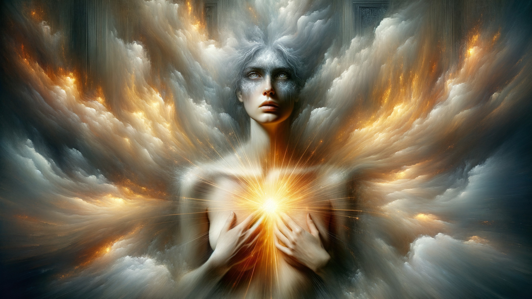 Luminous figure with glowing orb in swirling clouds