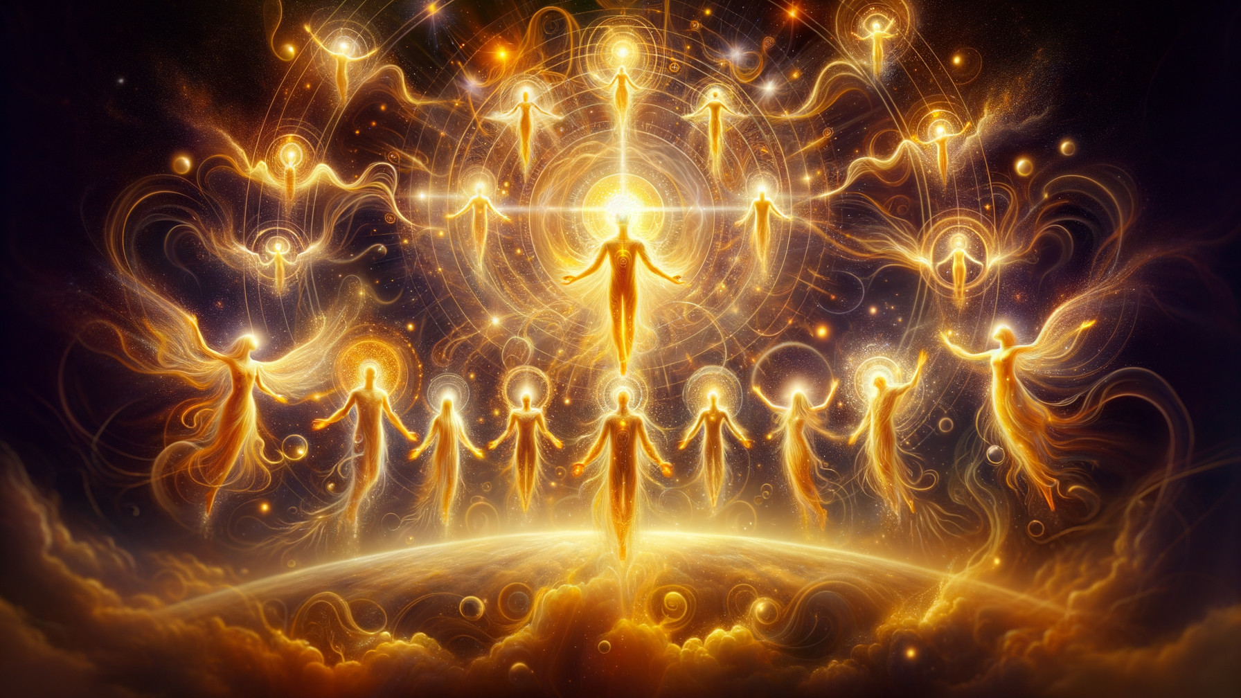 Golden Ethereal Figures Against Dark Cosmic Background