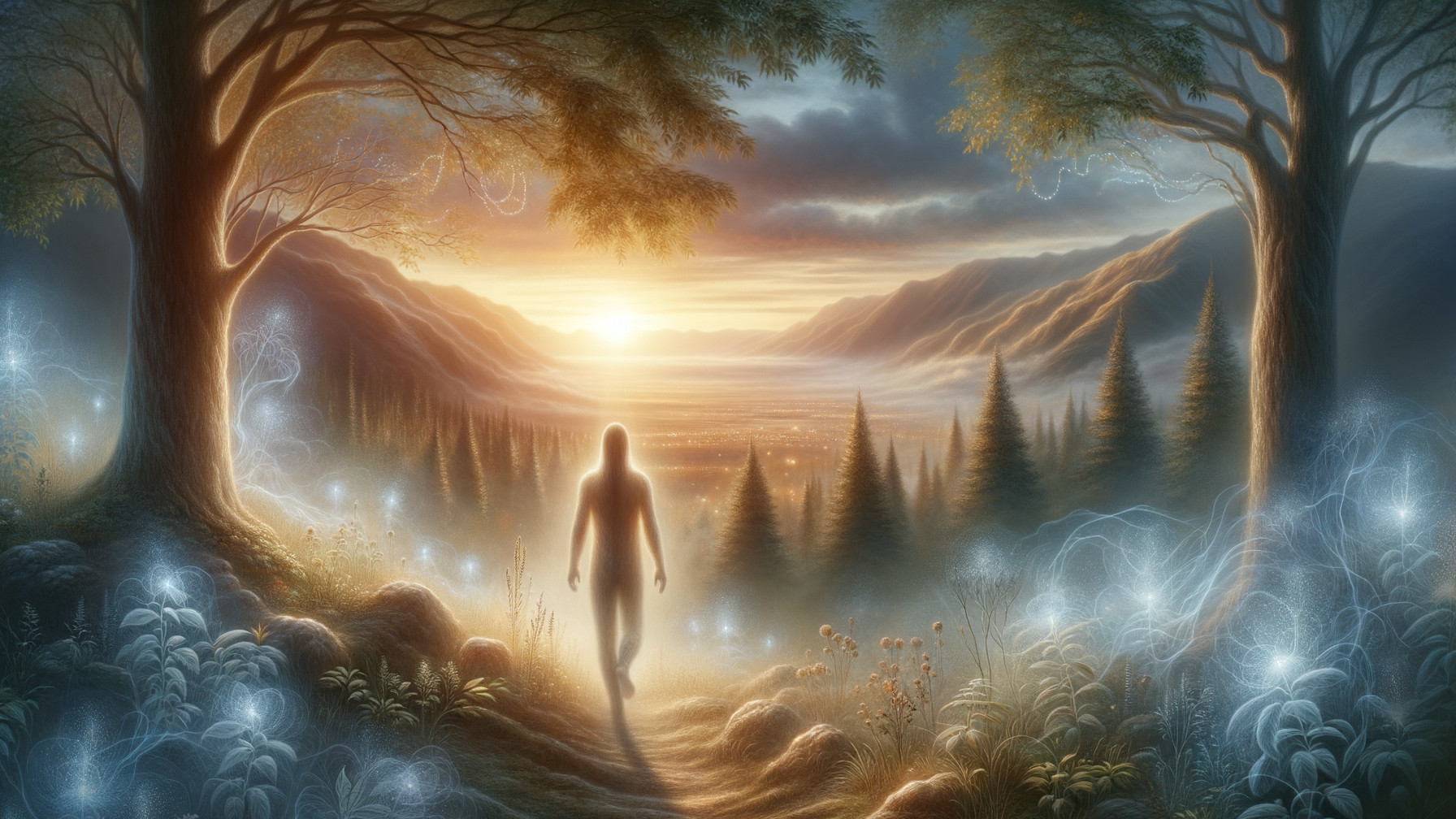 Serene Sunset Landscape with Misty Path and Glowing Orbs